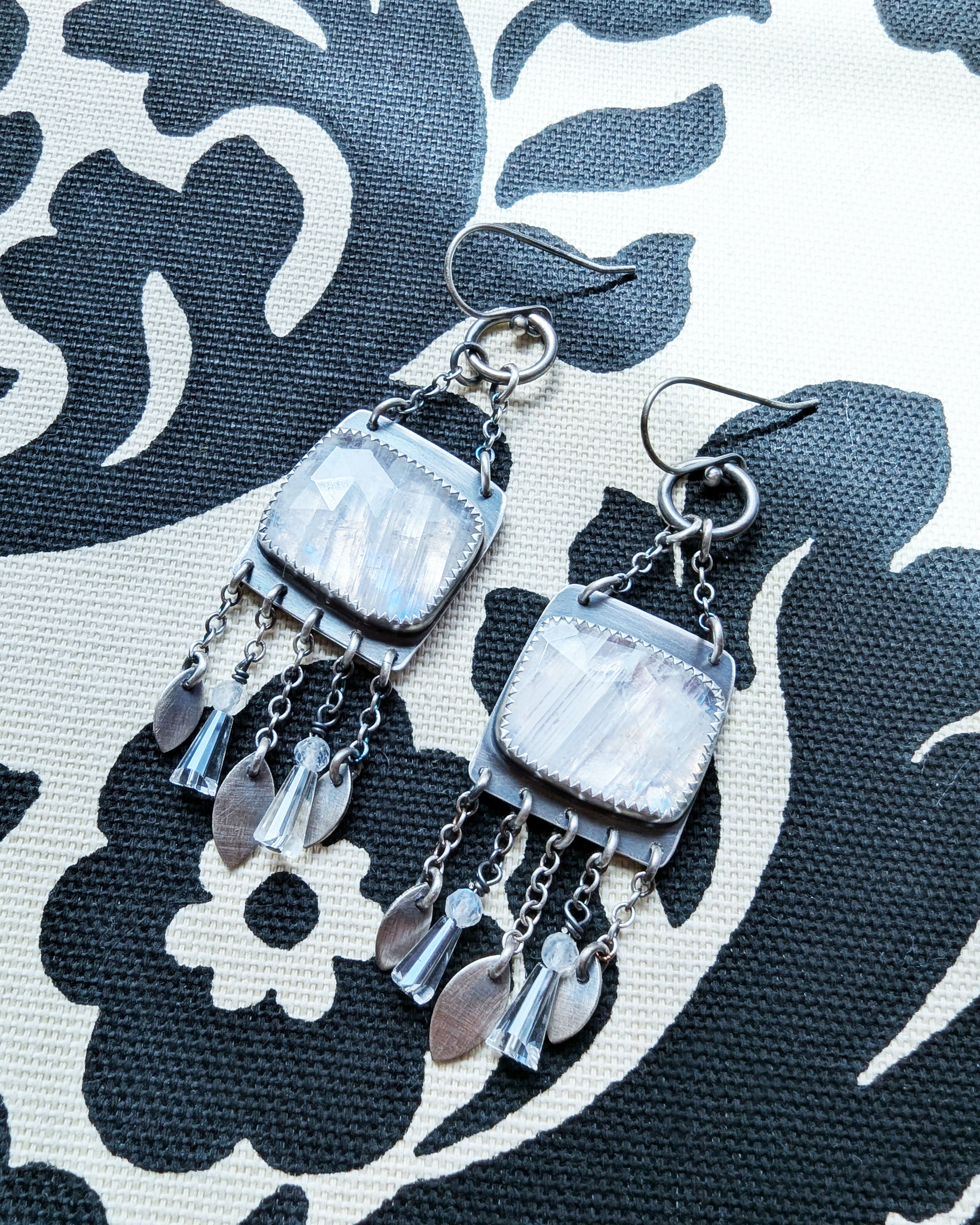 ethereal silver earrings with iridescent moonstone and bead fringe