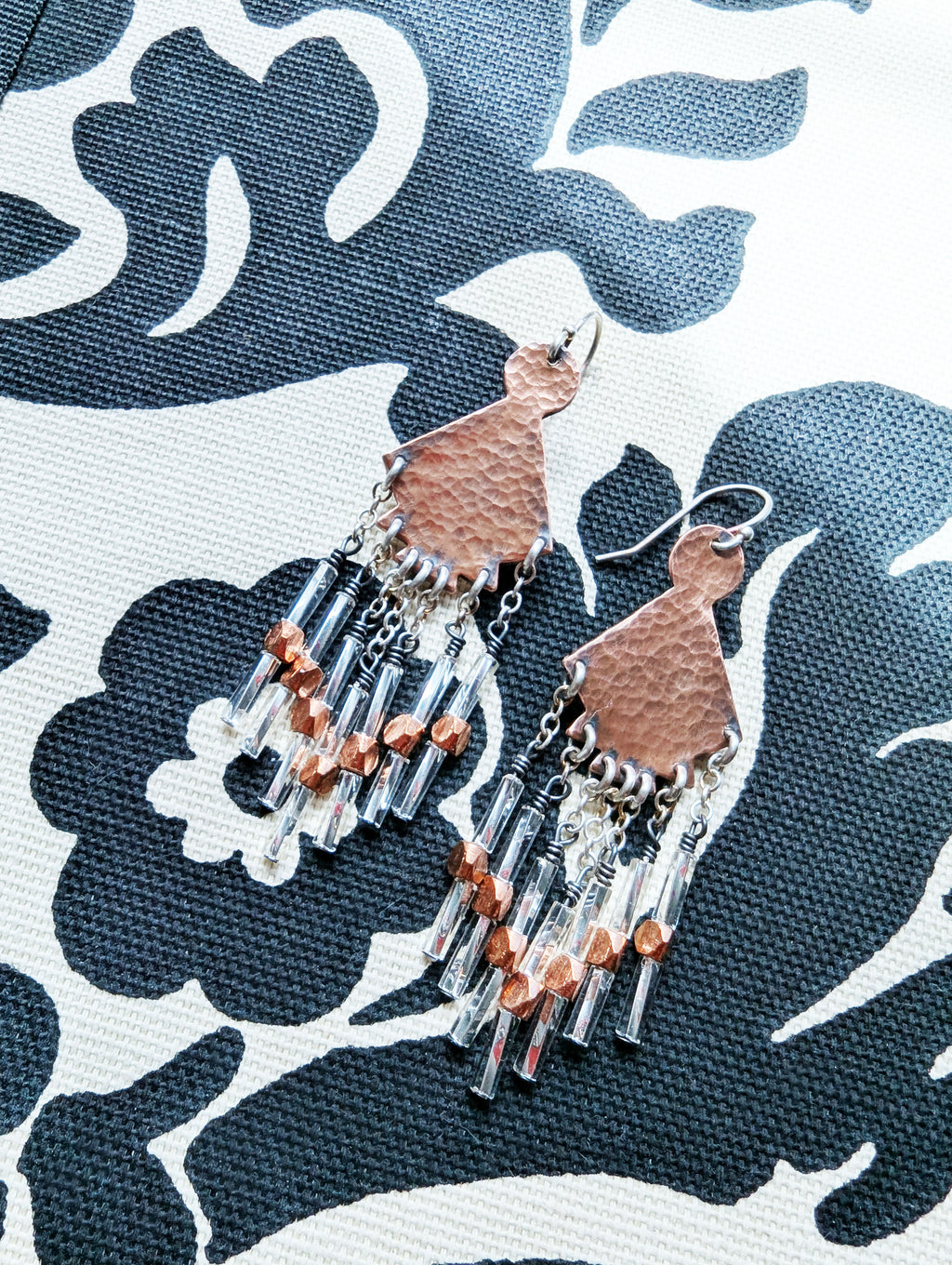 oxidized copper earrings with sterling silver accents and bead fringe