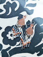 oxidized copper earrings with sterling silver accents and bead fringe