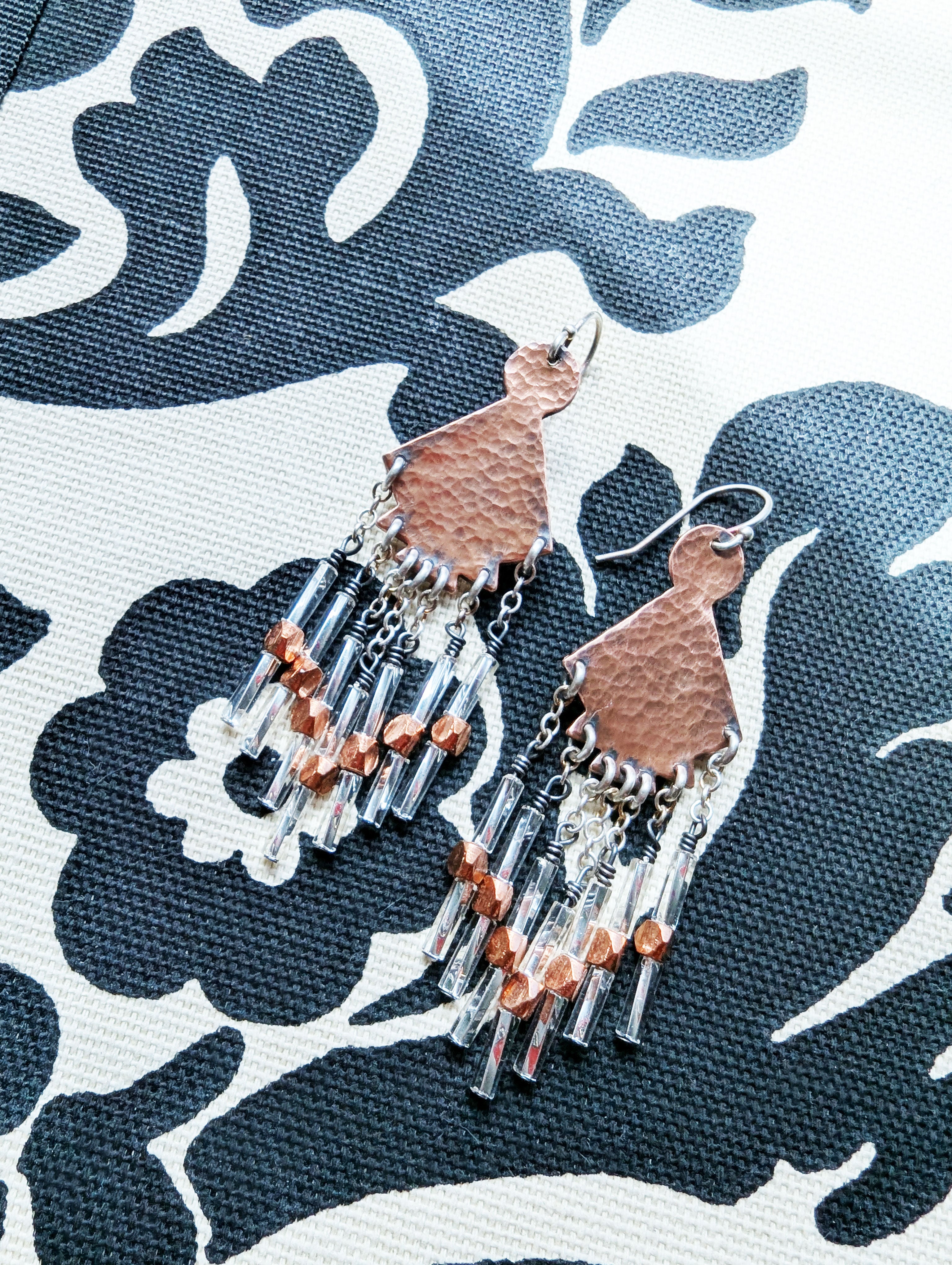 oxidized copper earrings with sterling silver accents and bead fringe