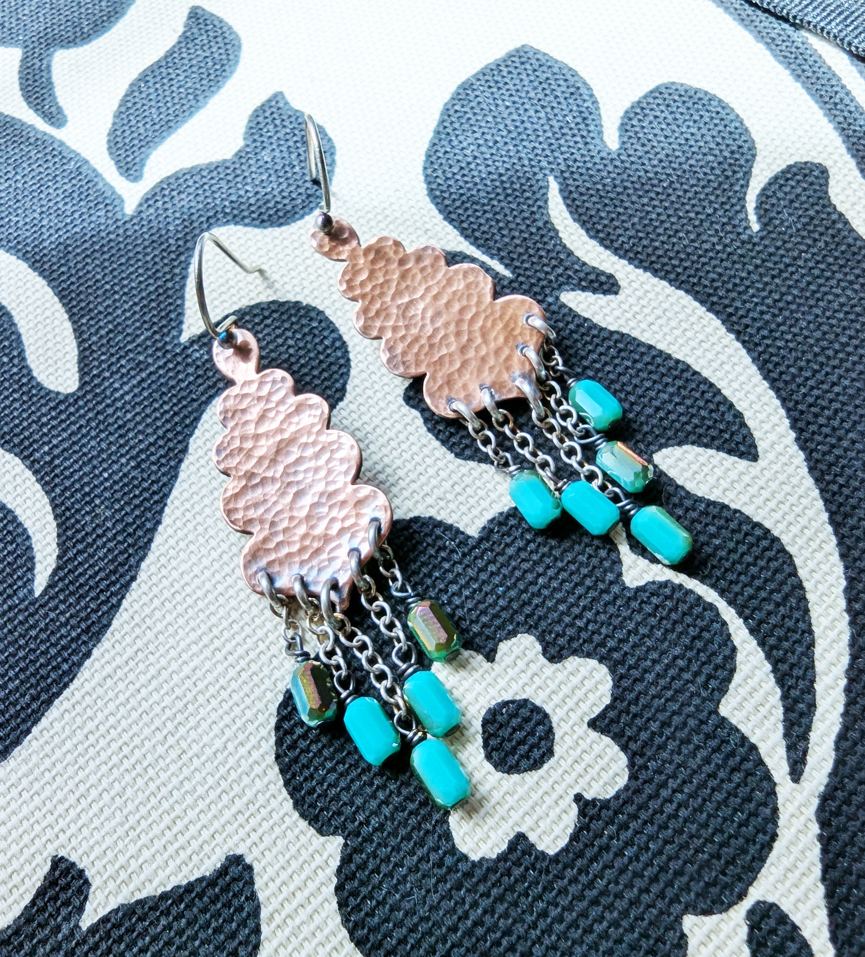 scalloped copper statement earrings with iridescent bead accents