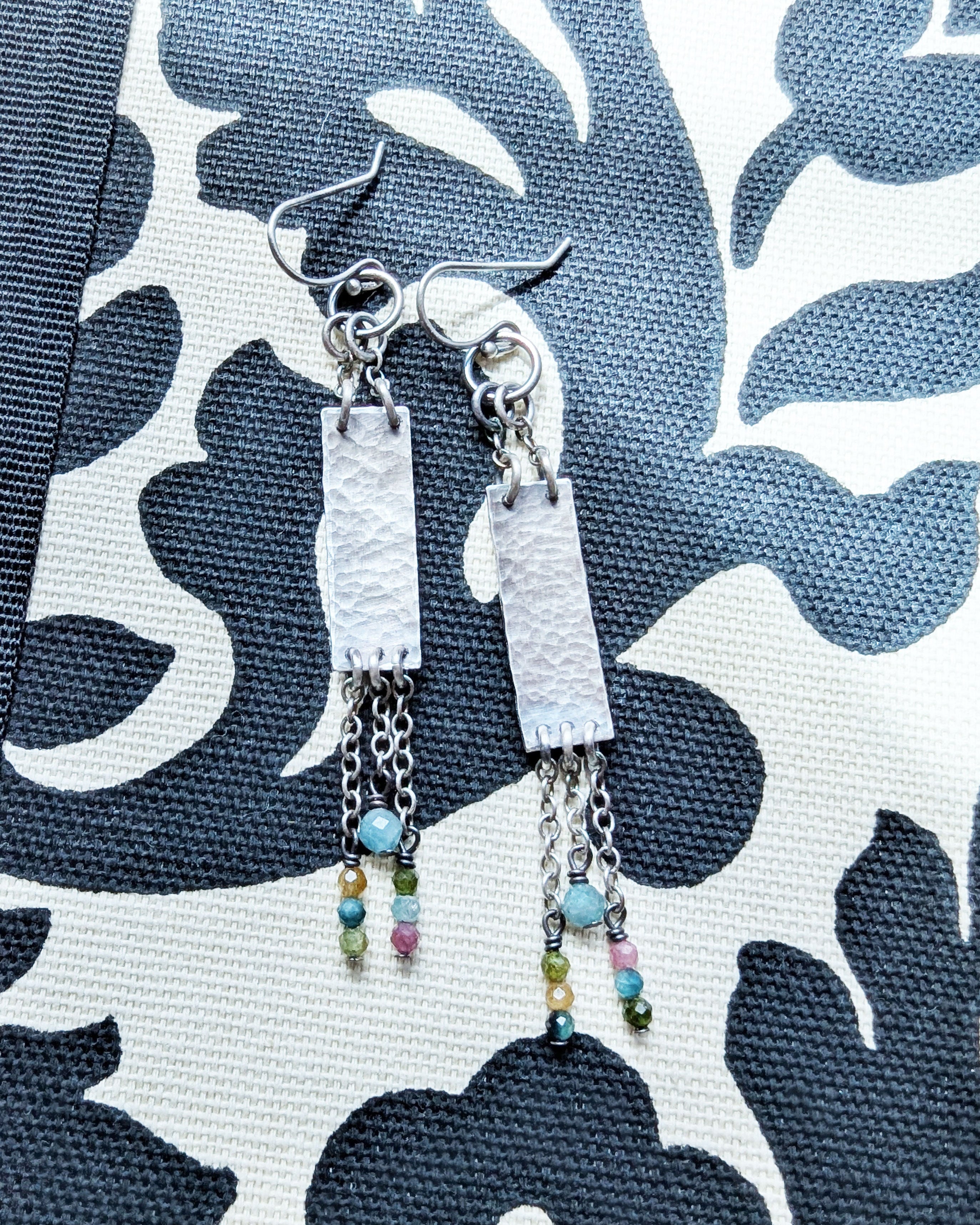 minimalist chandelier earrings with colorful tourmaline beads