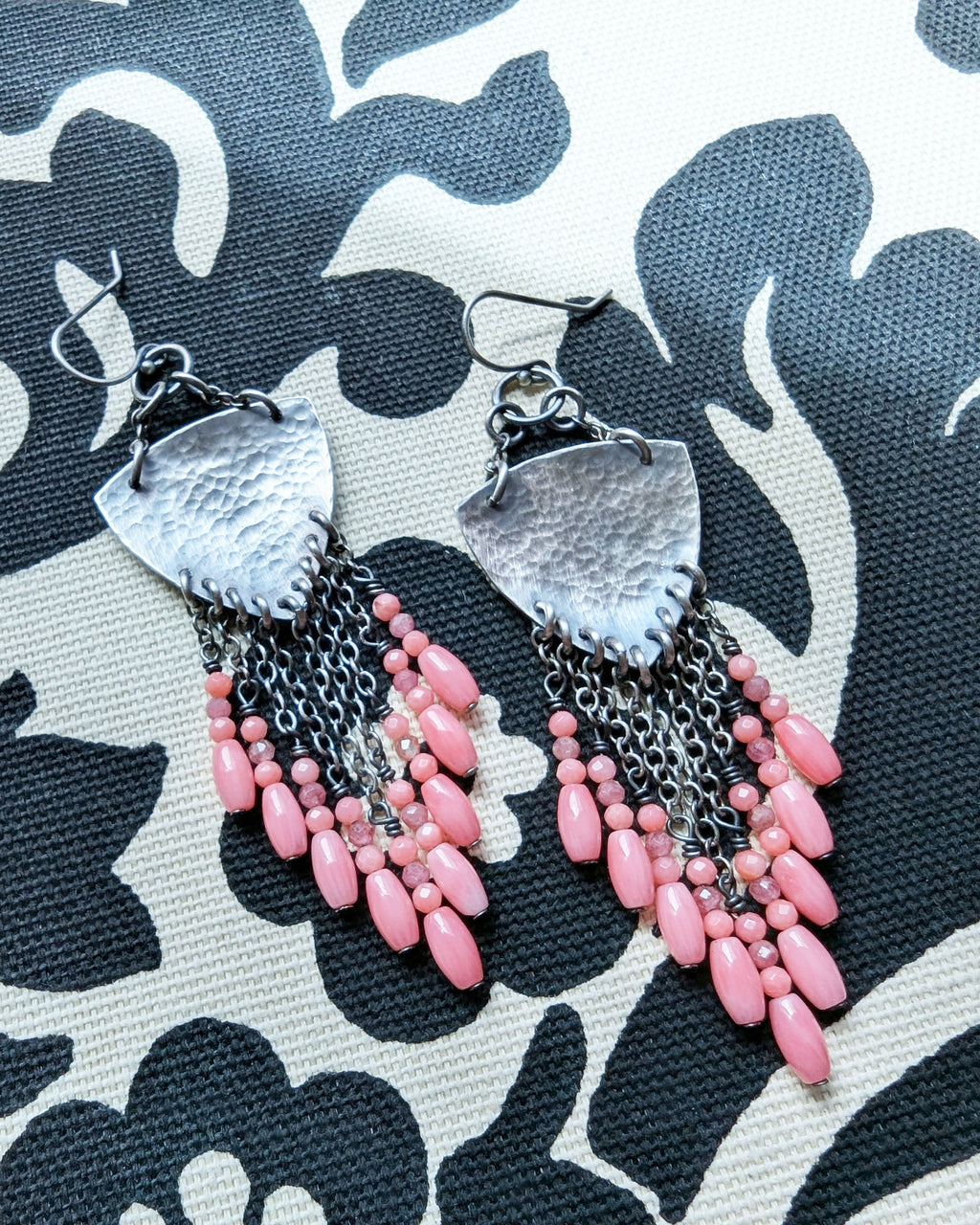 rhodochrosite and coral beaded earrings with hammered silver design