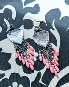 rhodochrosite and coral beaded earrings with hammered silver design