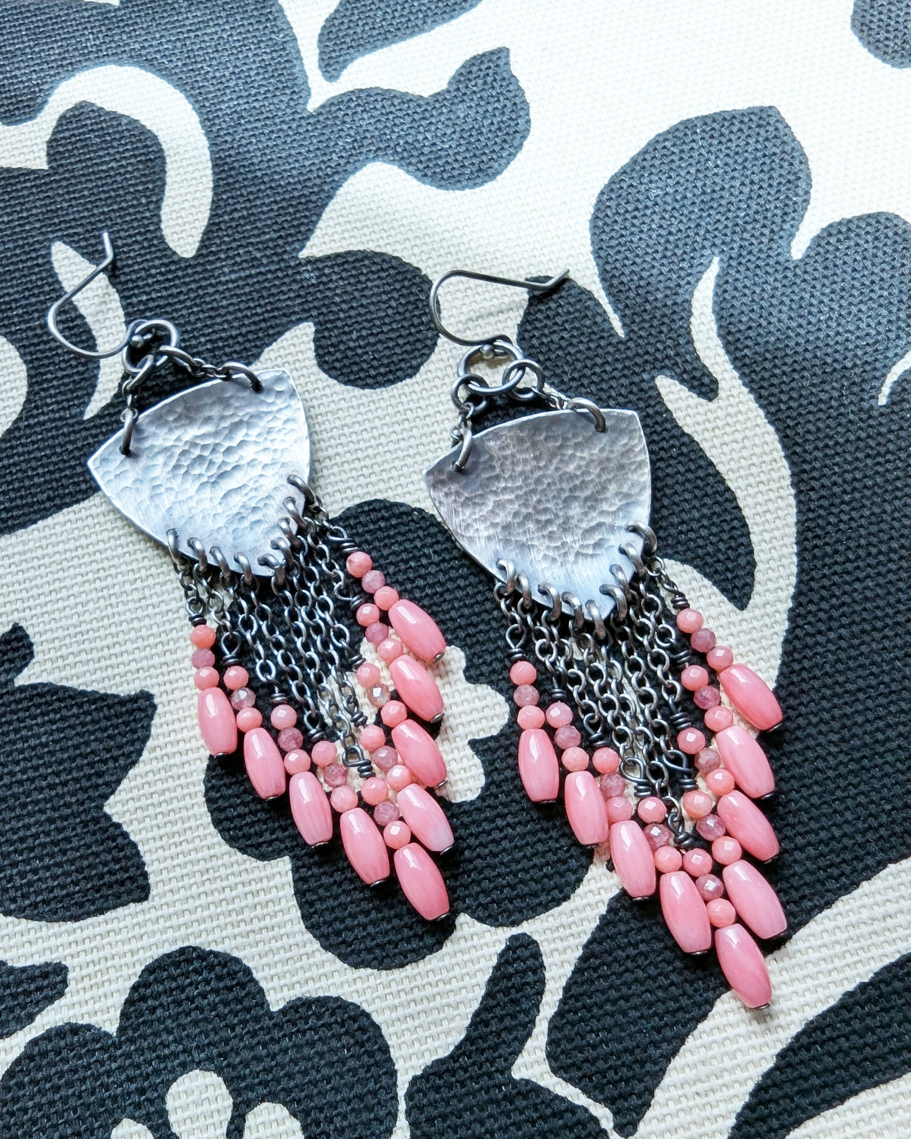 rhodochrosite and coral beaded earrings with hammered silver design