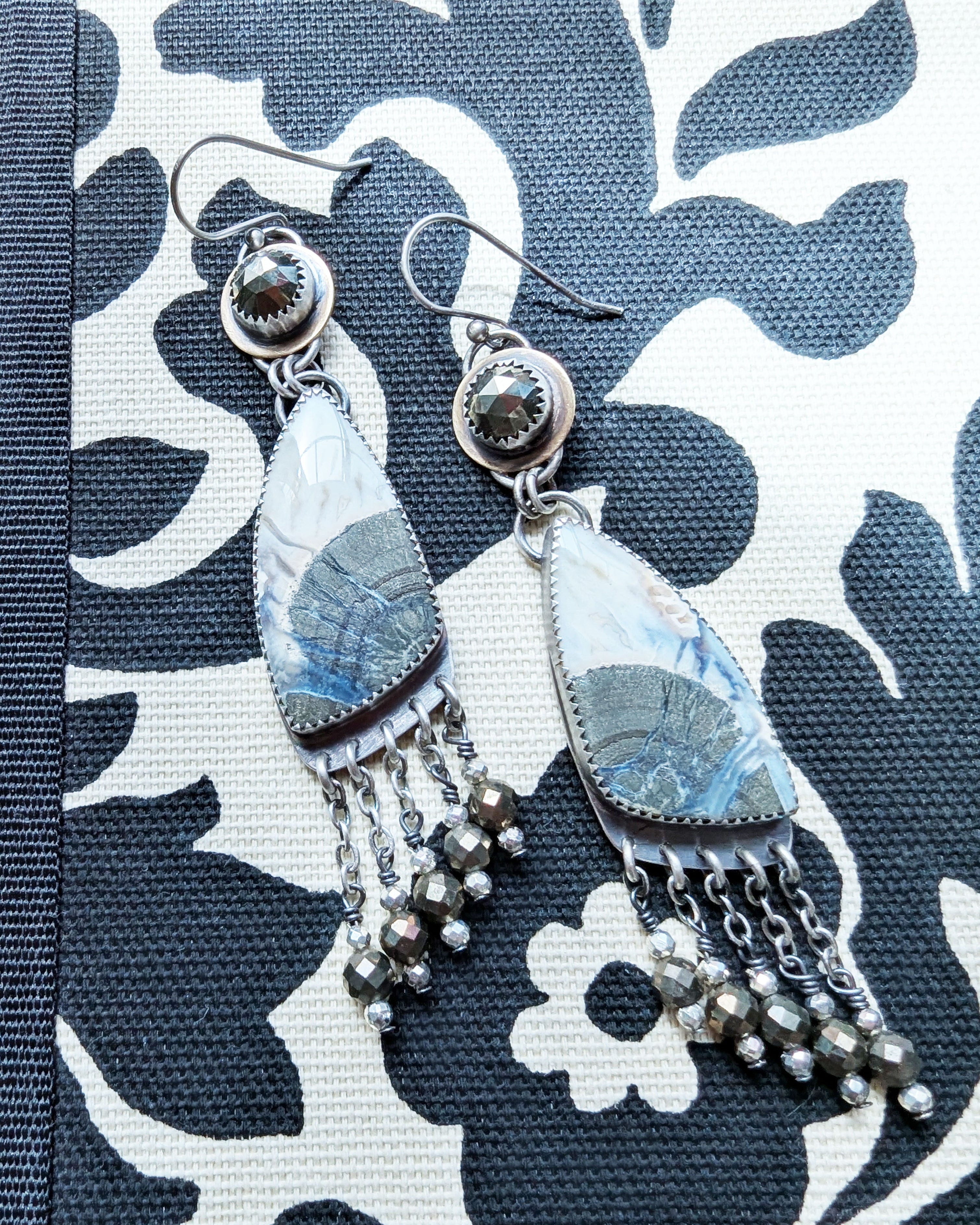Metallic gold and silver earrings with pyrite bead fringe