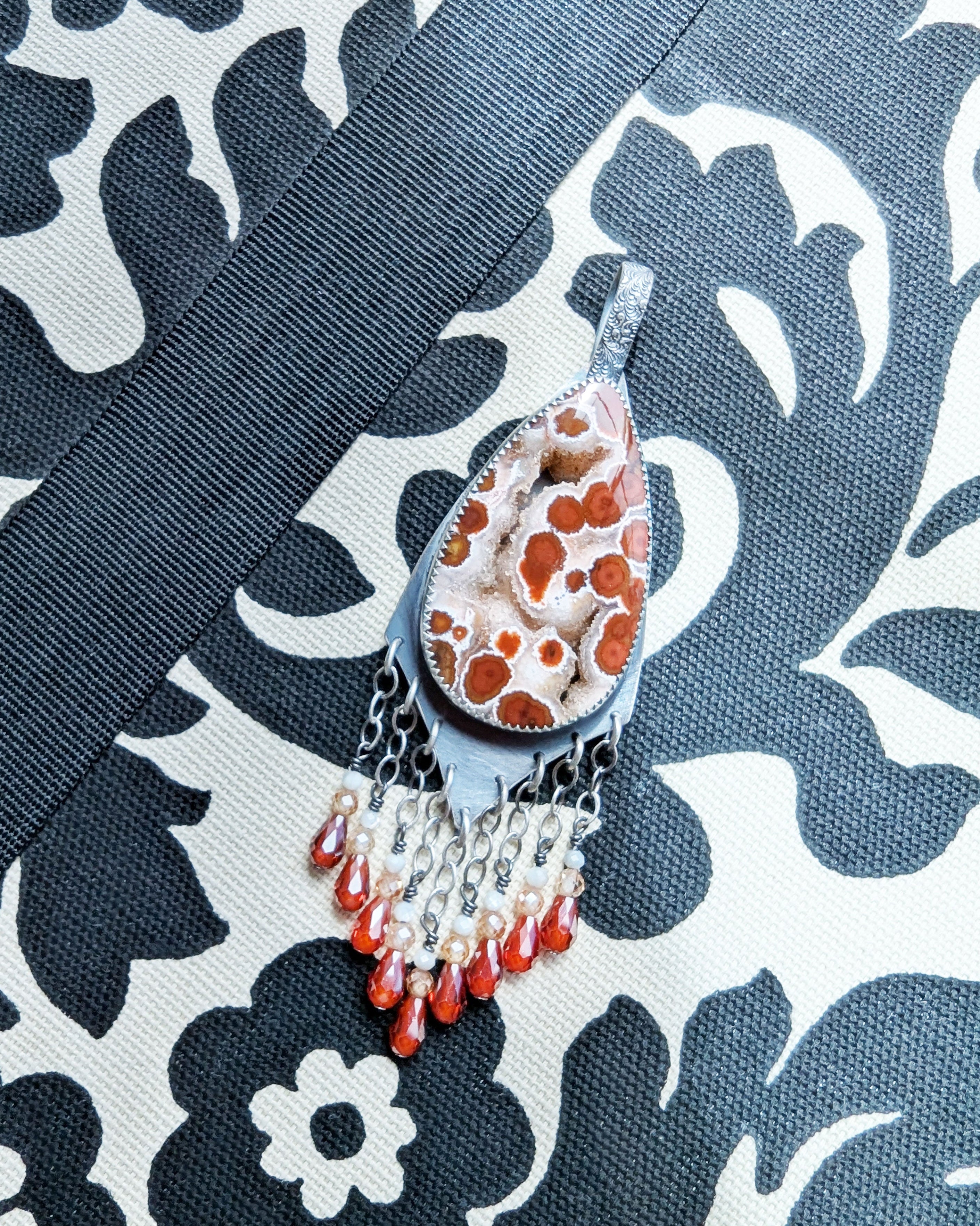 oxidized silver pendant with ocean jasper and sparkling fringe