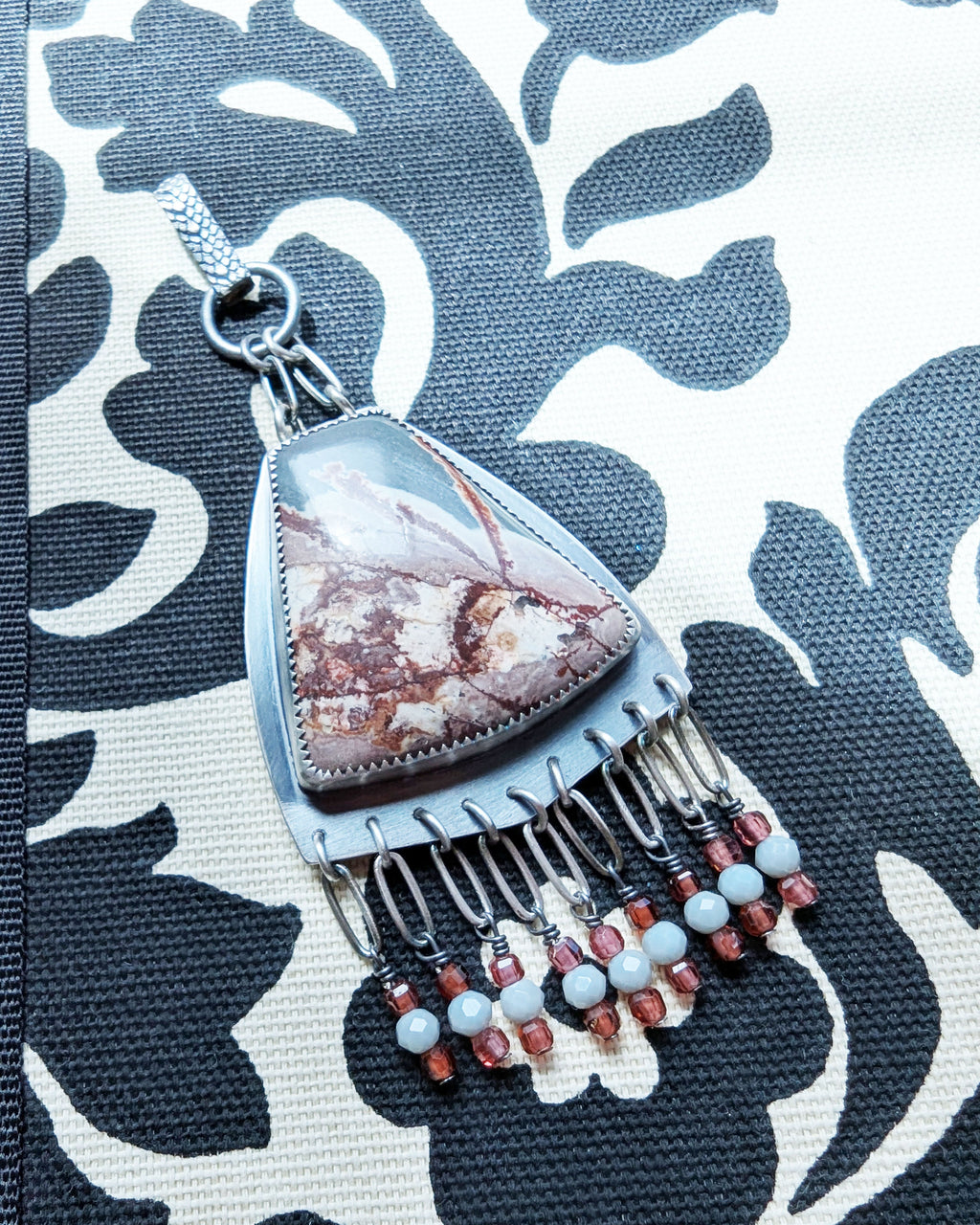 artisan gemstone necklace with burgundy mauve and gray tones