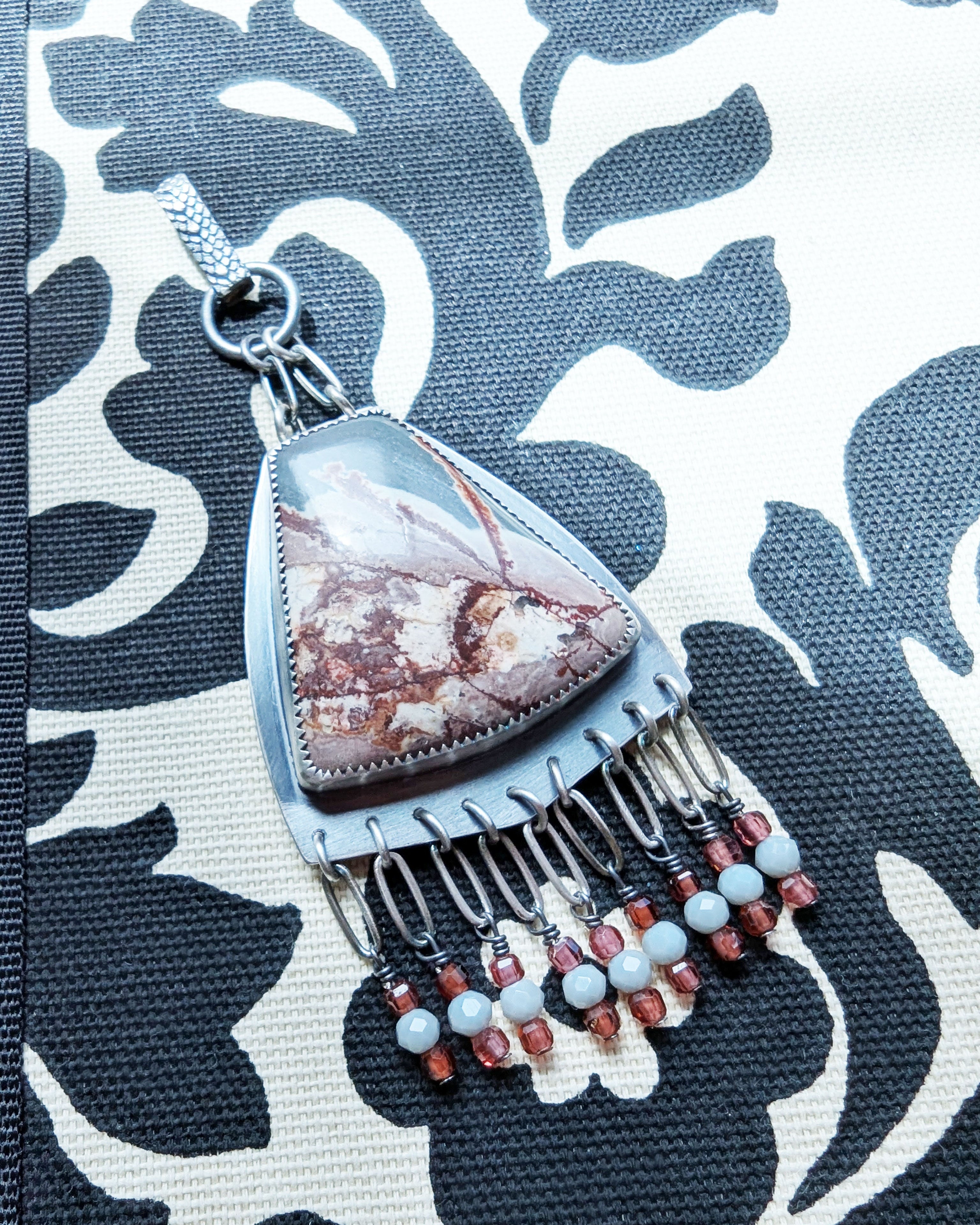artisan gemstone necklace with burgundy mauve and gray tones