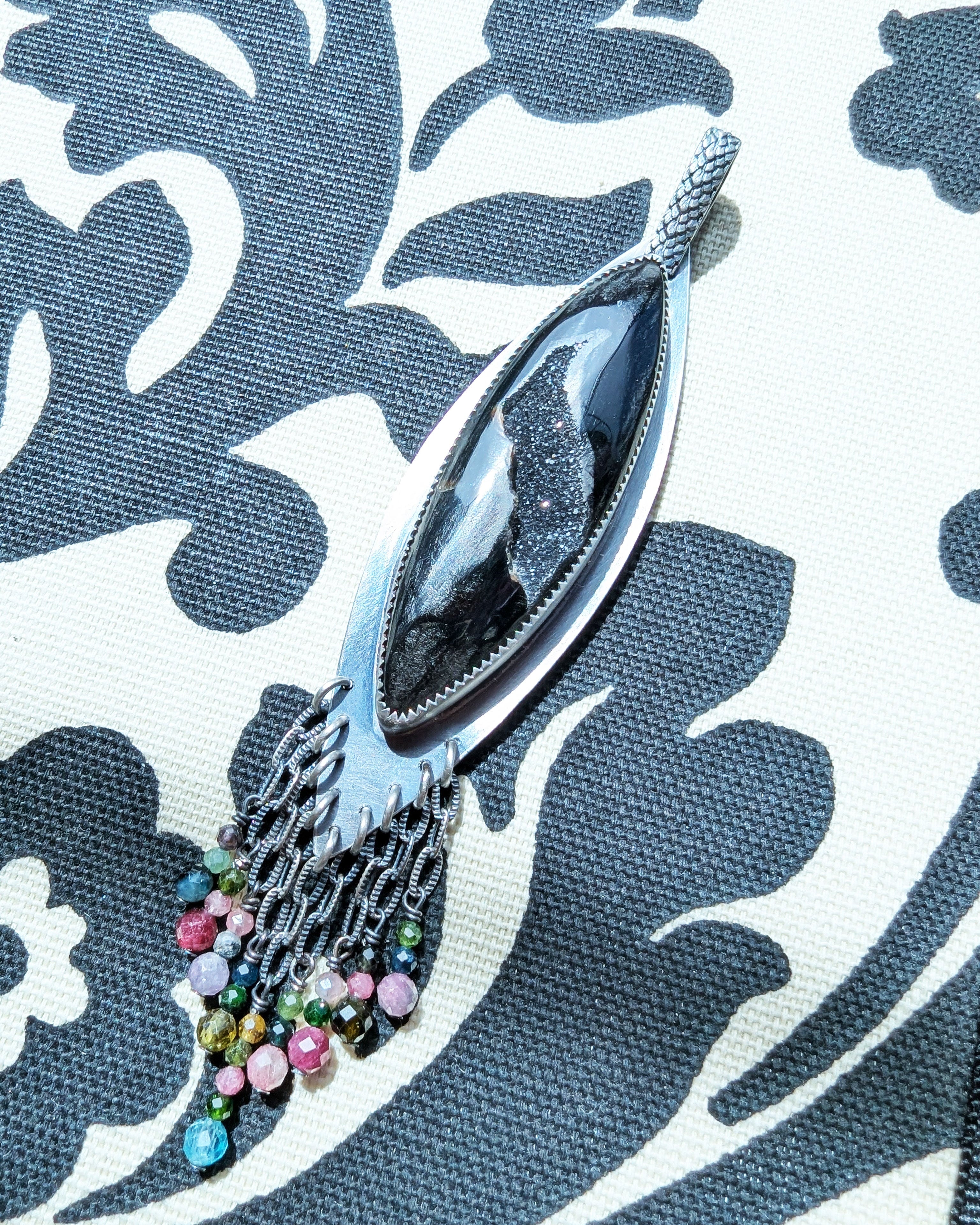 black agate druzy pendant with tourmaline fringe in oxidized silver