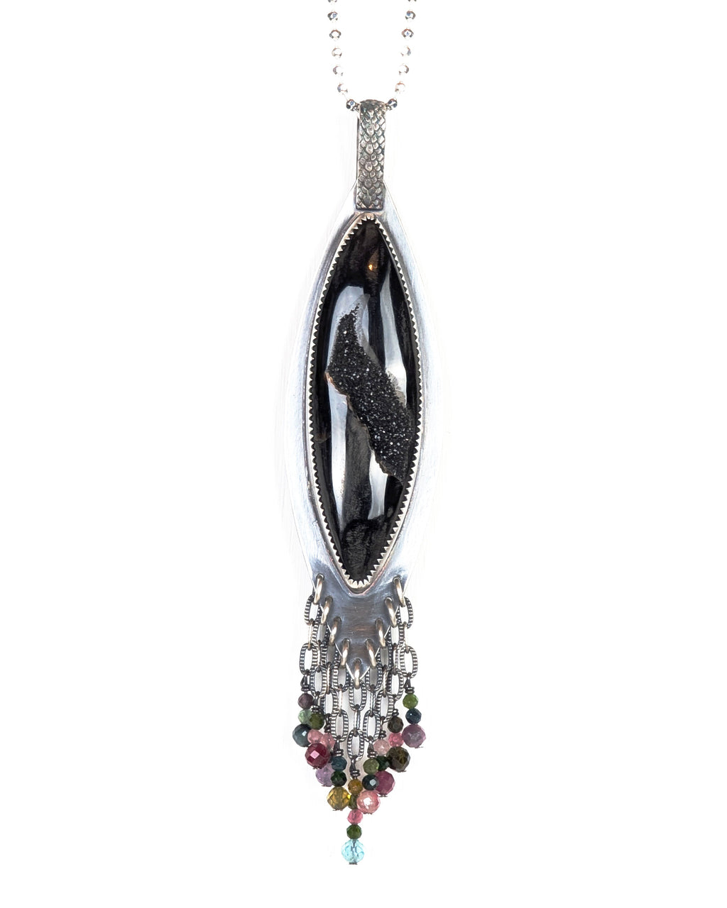 artisan silver pendant with druzy window and textured stone on chain (not included)