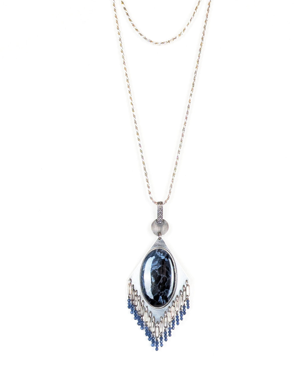 statement pendant with pietersite and continuous bead fringe on chain (not included)