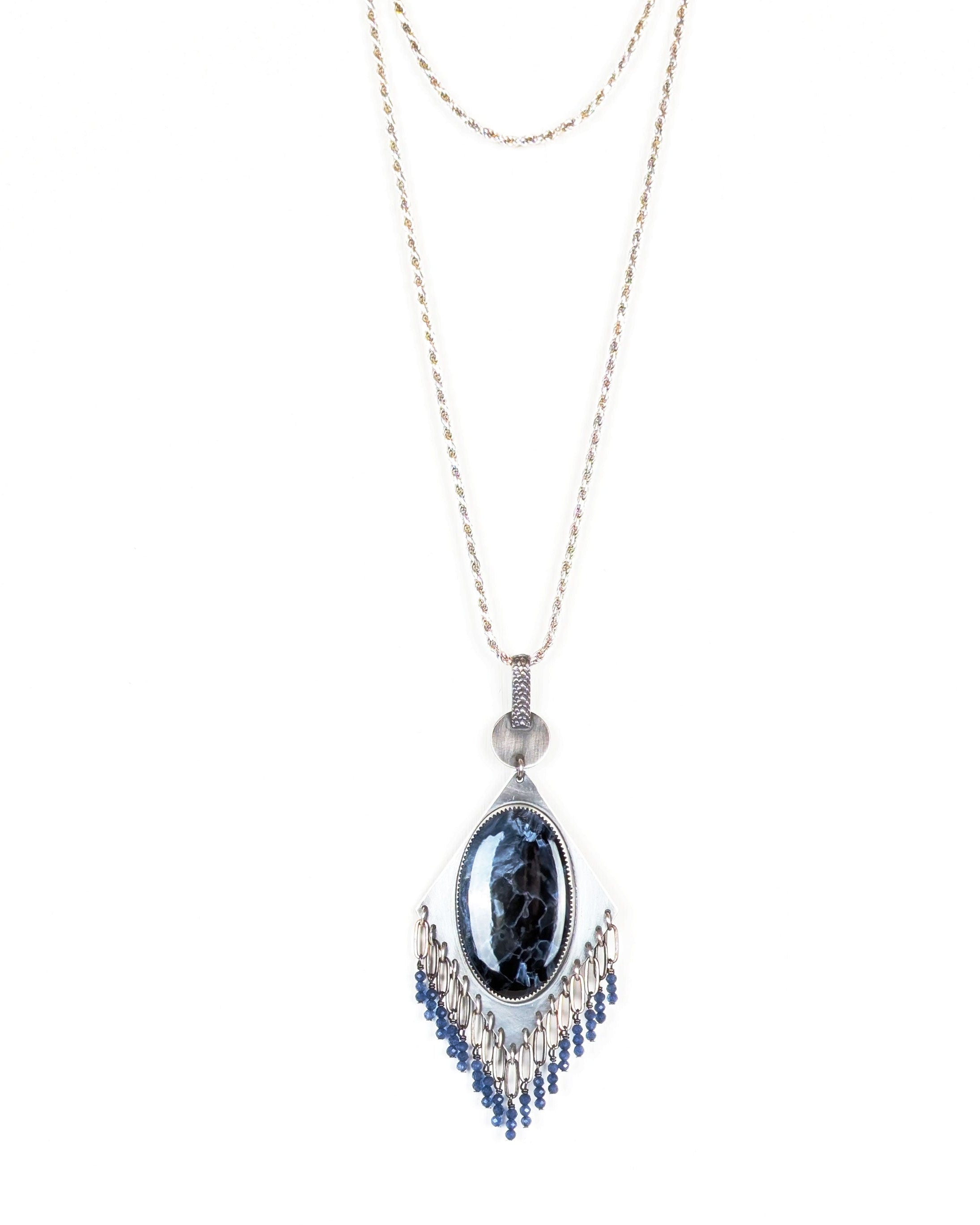 statement pendant with pietersite and continuous bead fringe on chain (not included)