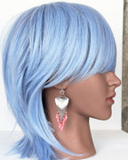 artisan chandelier earrings with soft pink gemstone accents on mannequin for scale