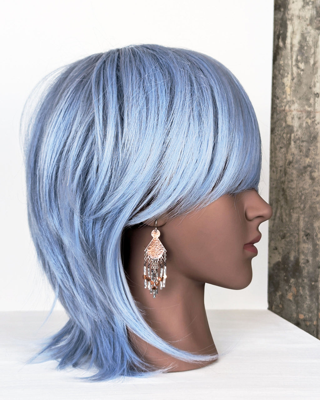 long fringe earrings with spiral silver glass and copper beads