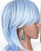 artisan silver earrings with layered green gemstone fringe on mannequin for scale