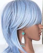 oxidized silver earrings with chalcedony and agate design on mannequin for scale