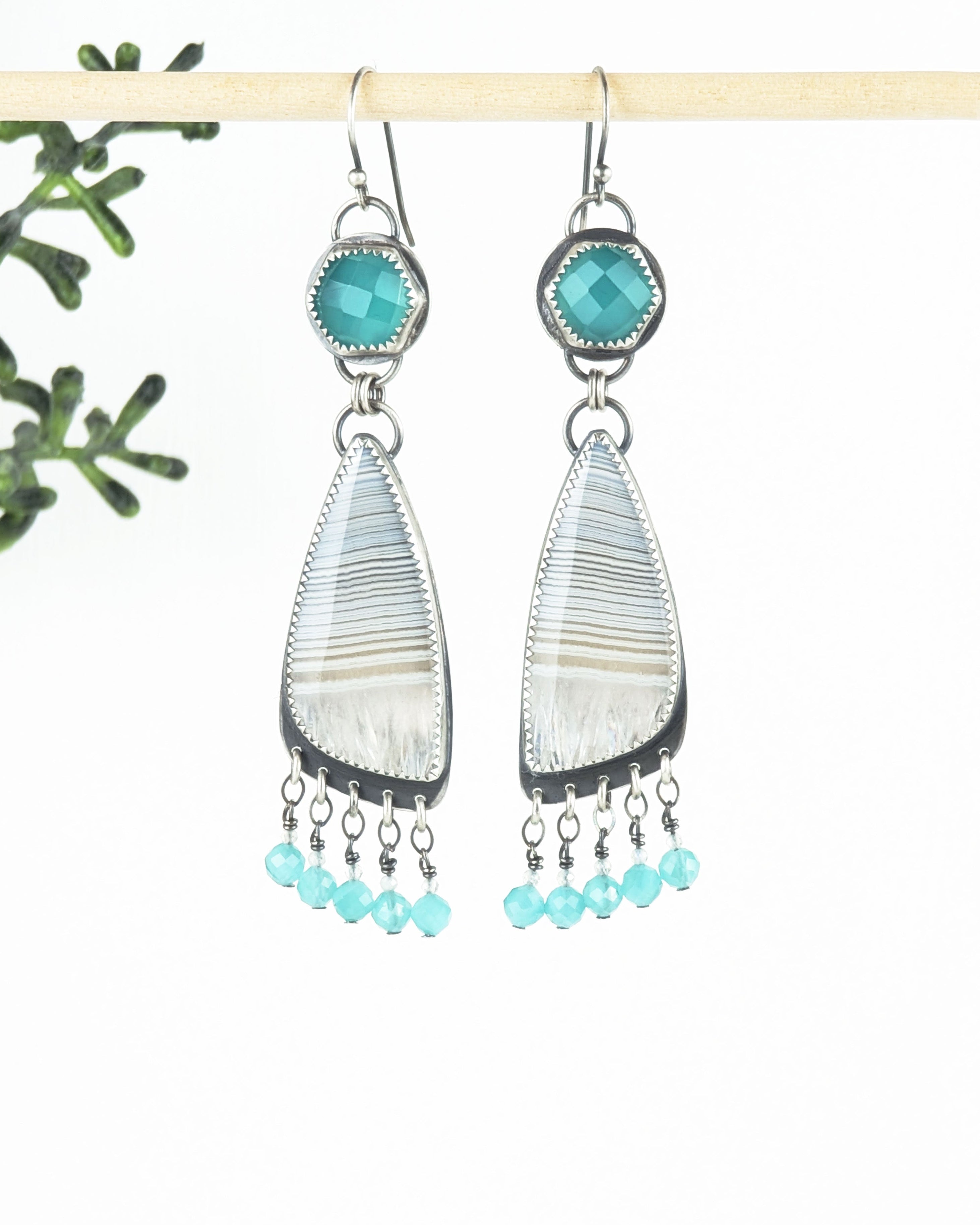 geometric silver earrings with hexagon blue stone and triangular agate