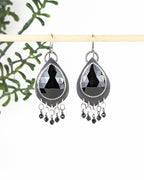black spinel earrings with oxidized silver and beaded fringe