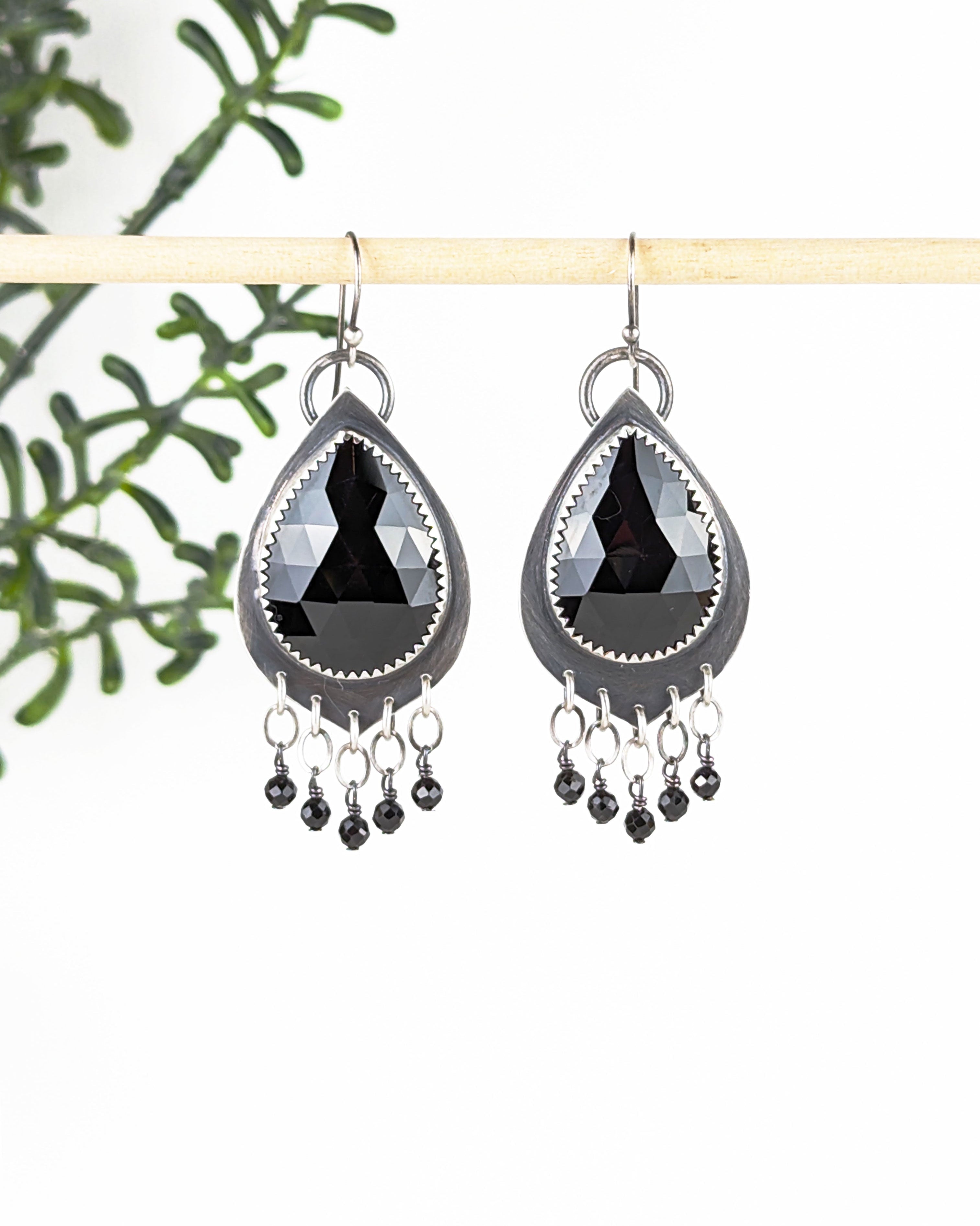 black spinel earrings with oxidized silver and beaded fringe