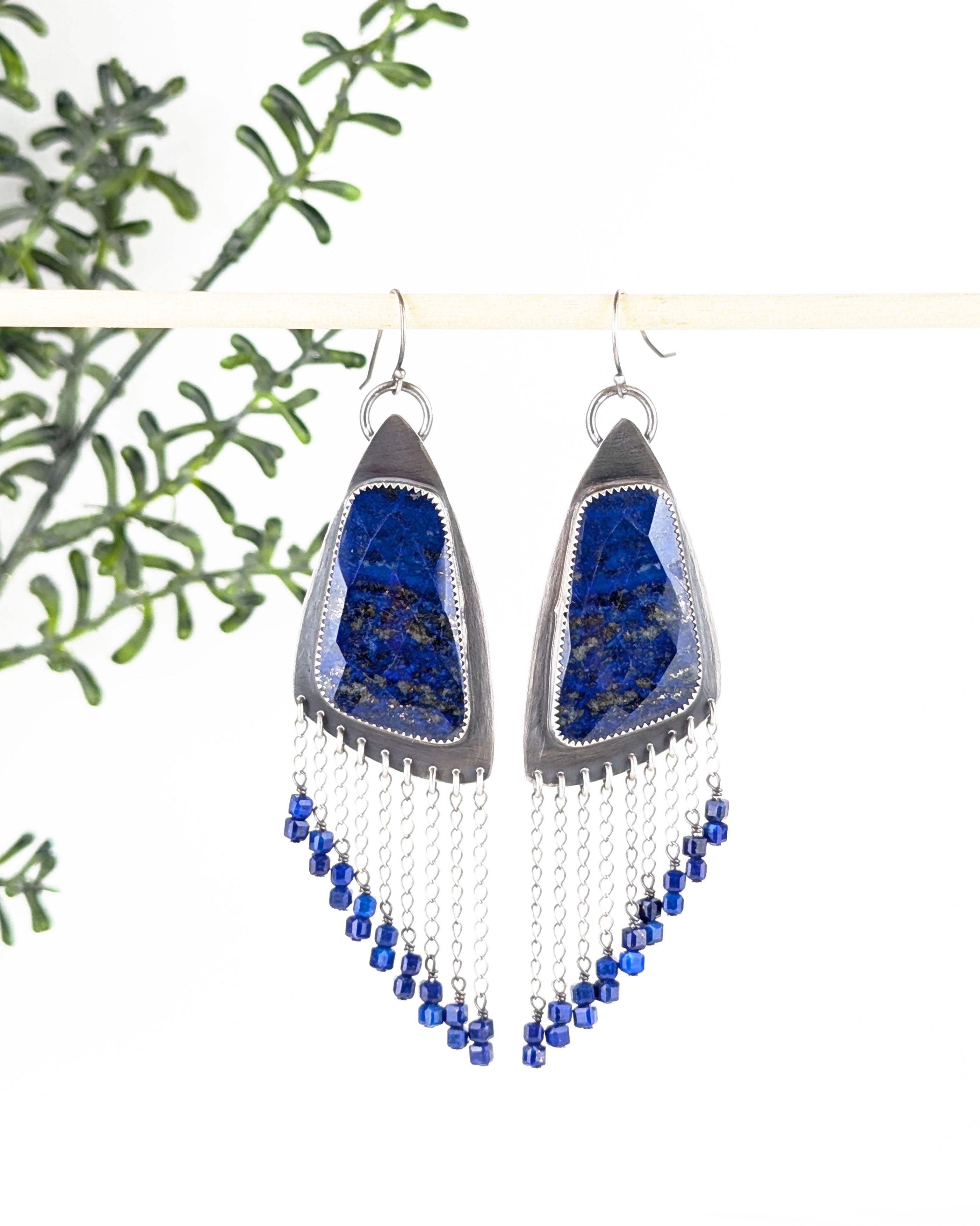 Extra large lapis lazuli statement earrings with oxidized silver and long chain fringe