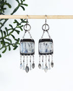 artisan chandelier earrings with rainbow moonstone and crystals