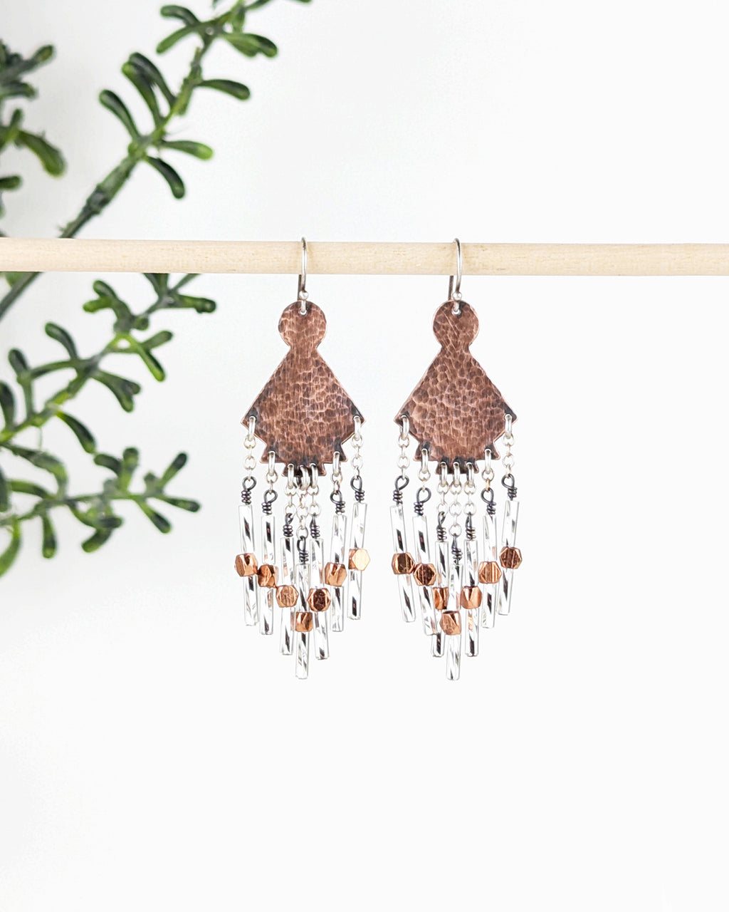 rustic elegant mixed metal earrings with flowing bead strands