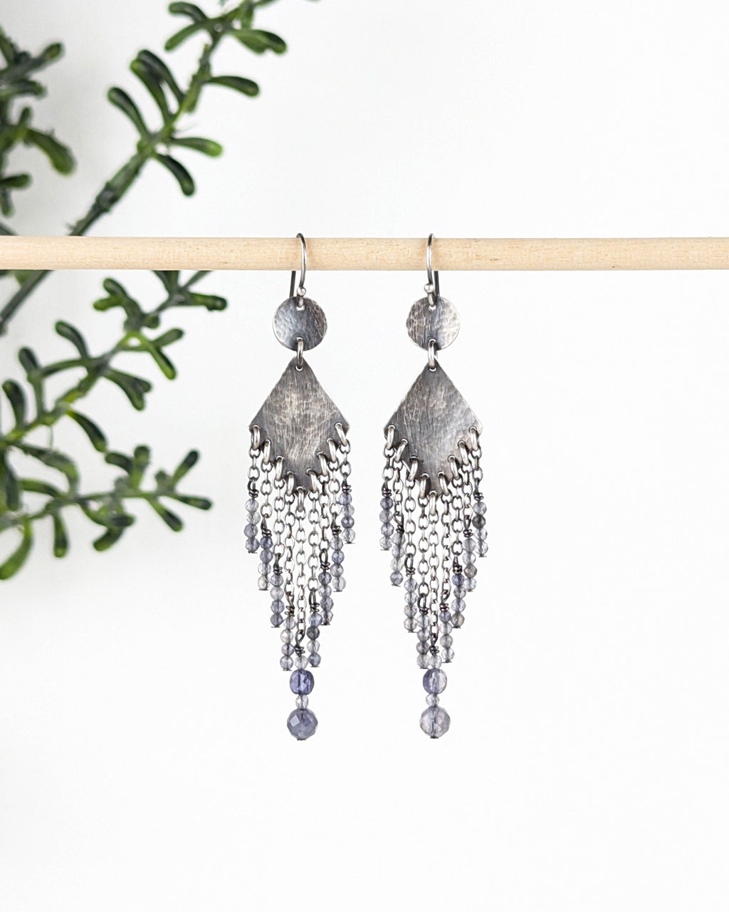 long oxidized sterling silver earrings with iolite and sapphire beads