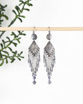 long oxidized sterling silver earrings with iolite and sapphire beads