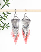 feminine shield shaped silver earrings with chain fringe and pink stones