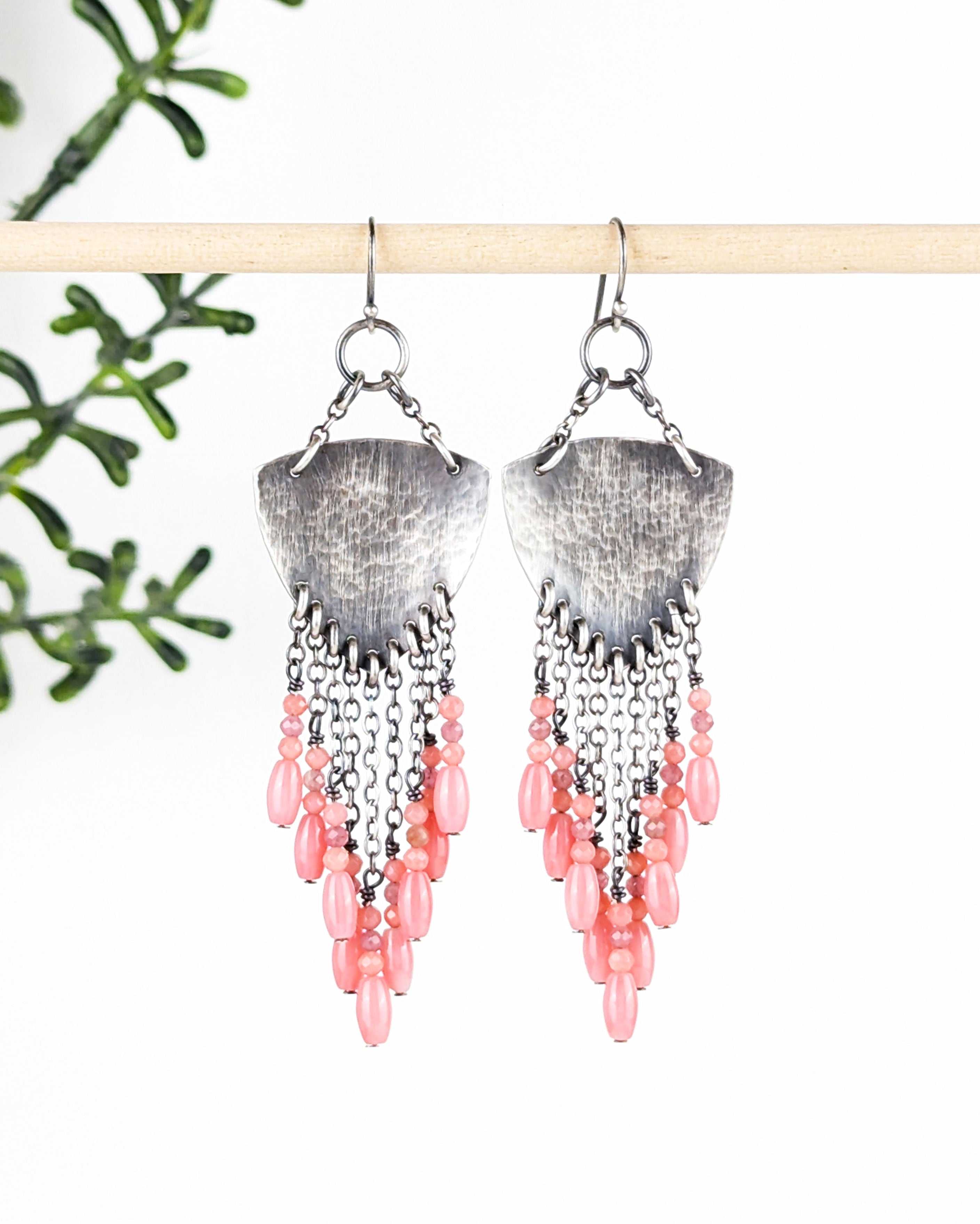 feminine shield shaped silver earrings with chain fringe and pink stones