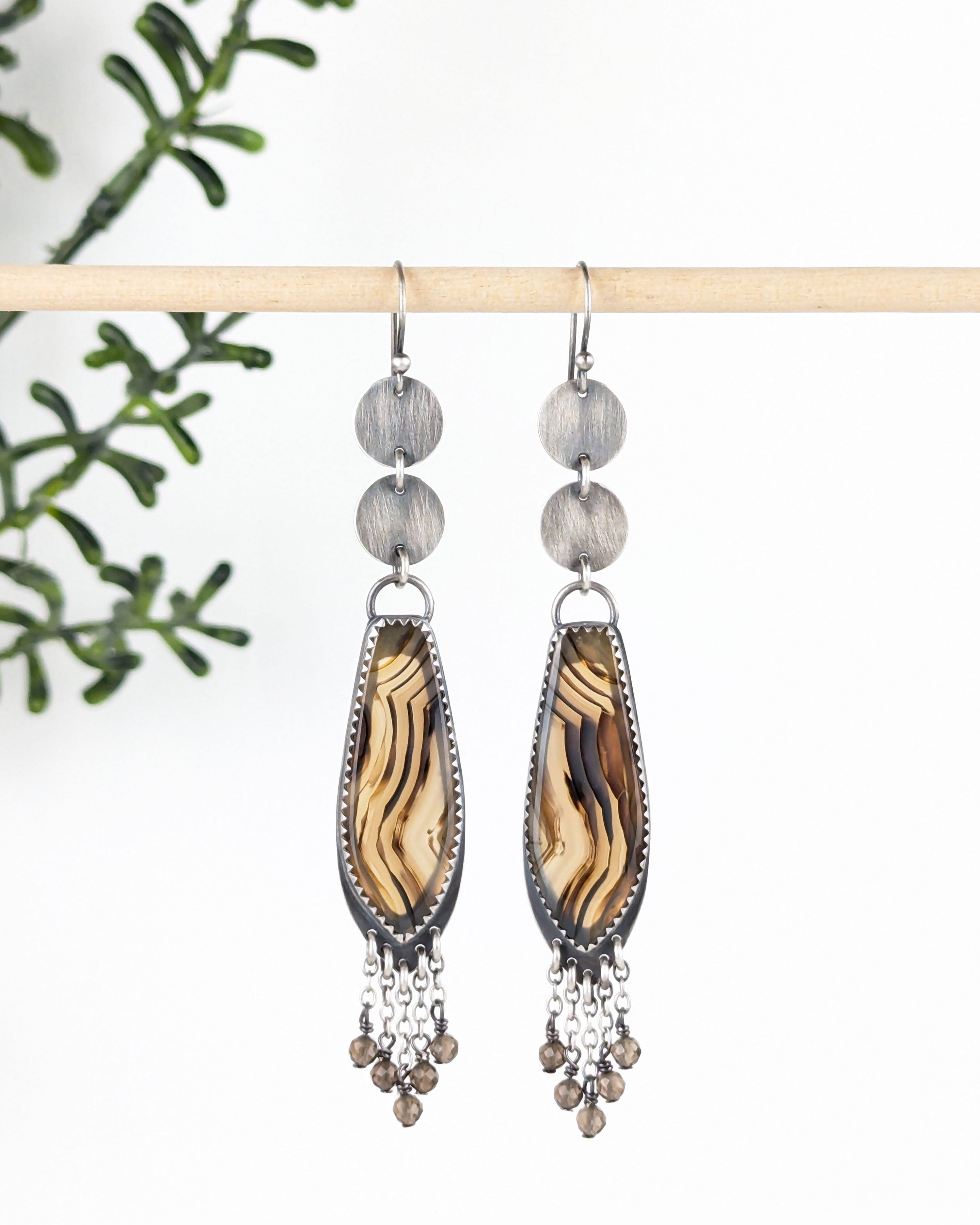 Oxidized sterling silver Montana agate drop earrings with smoky quartz fringe