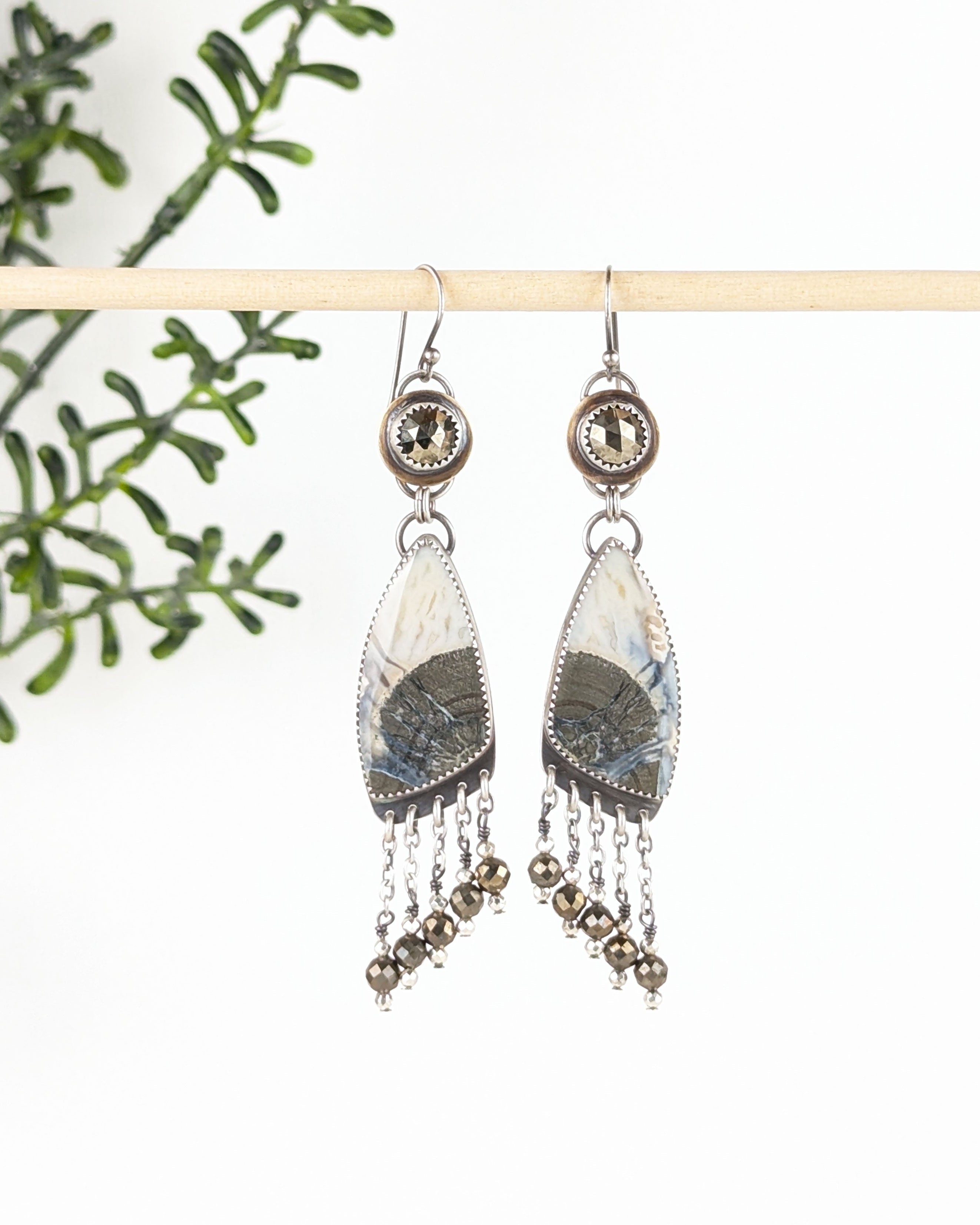 Pyrite and marcasite agate fringe earrings in brass and oxidized sterling silver