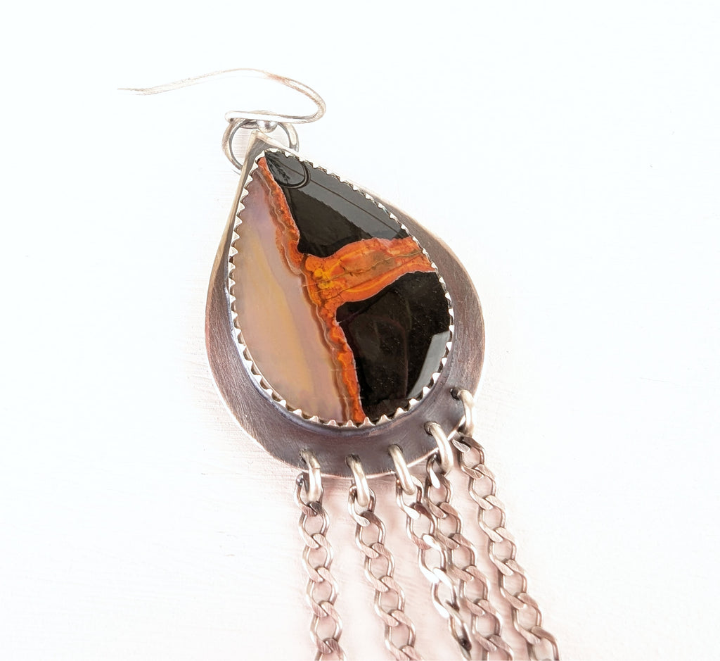 Close up of autumn inspired earrings with warm orange and dark toned agate stones