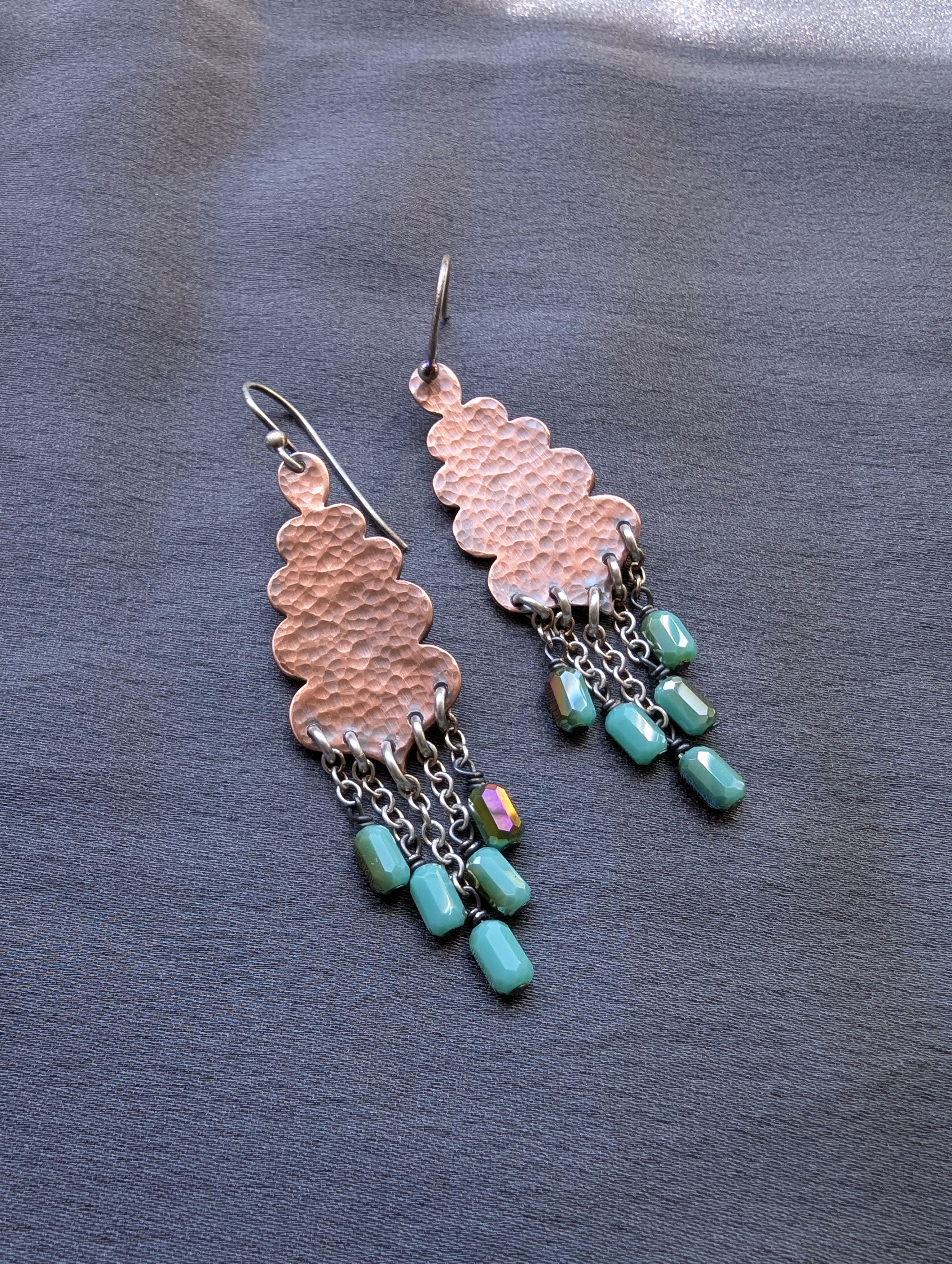 hammered copper earrings with colorful glass bead drops