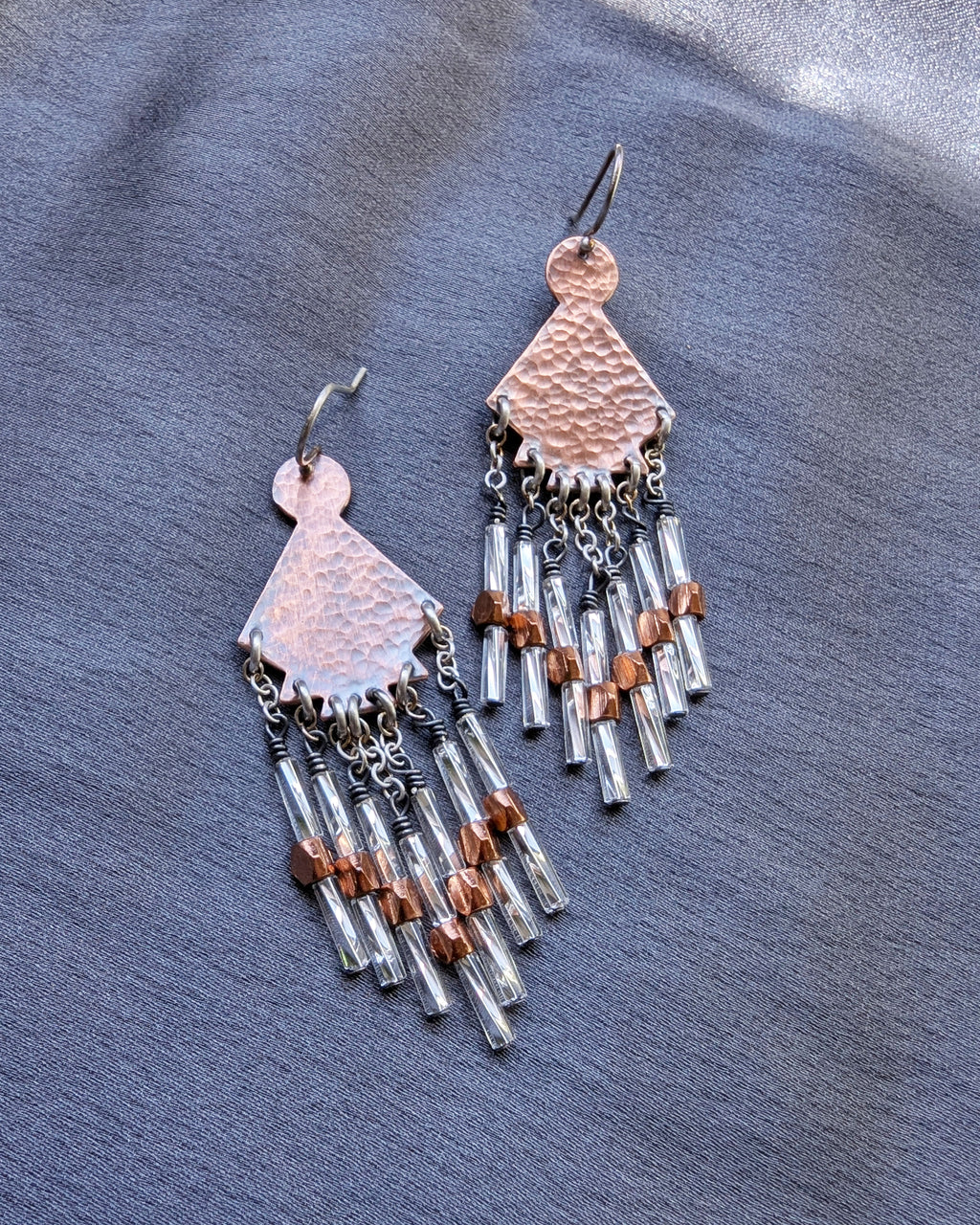 handmade copper and silver earrings with cascading fringe
