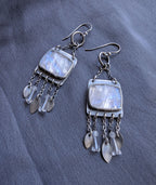 rectangle rose cut moonstone earrings with silver leaf charms