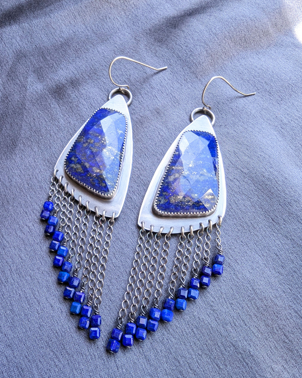 long fringe earrings with deep blue lapis lazuli beads