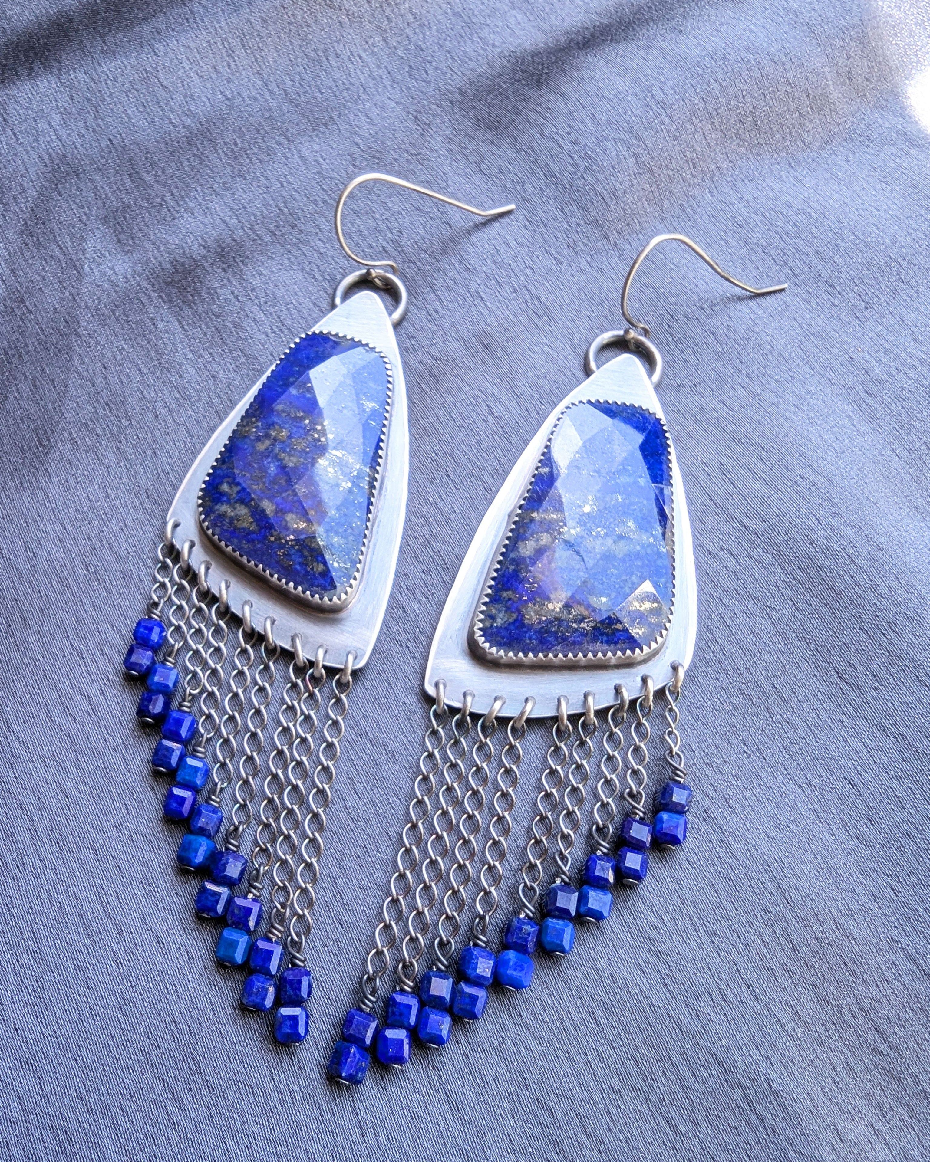 long fringe earrings with deep blue lapis lazuli beads
