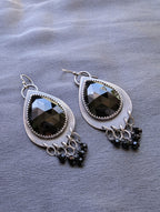 edgy silver earrings with black gemstone fringe