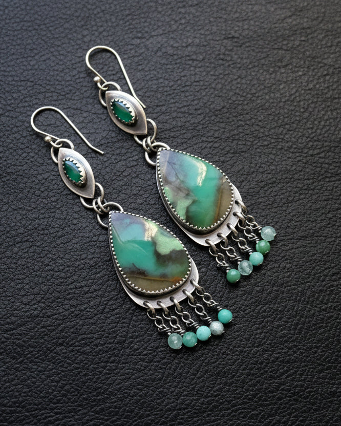 handcrafted oxidized silver earrings with multi green stones