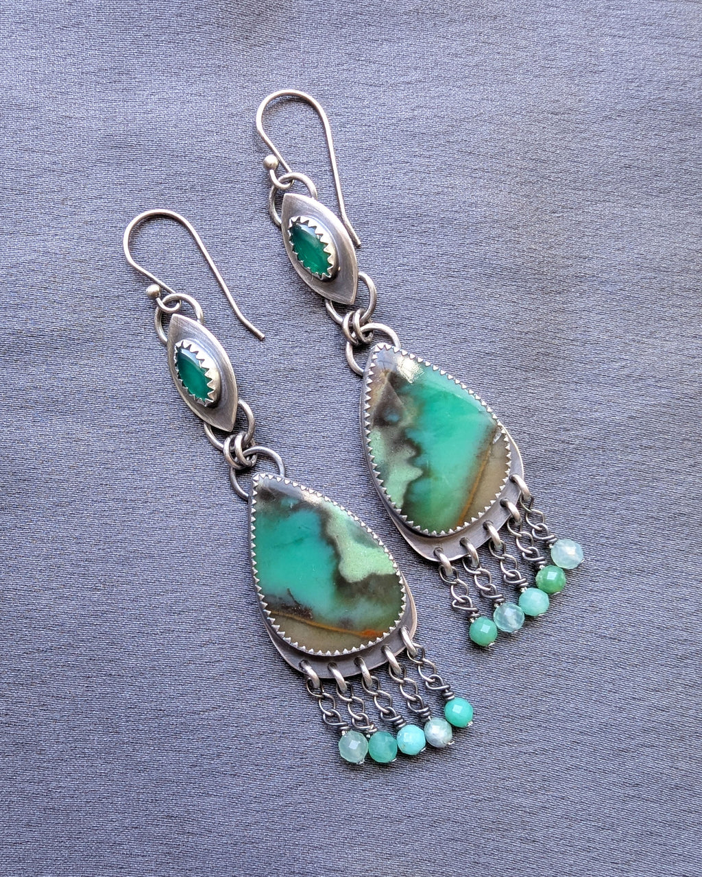 nature inspired earrings with chrysoprase and opal wood