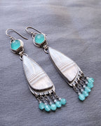 artisan earrings with amazonite bead fringe and soft green-blue tones