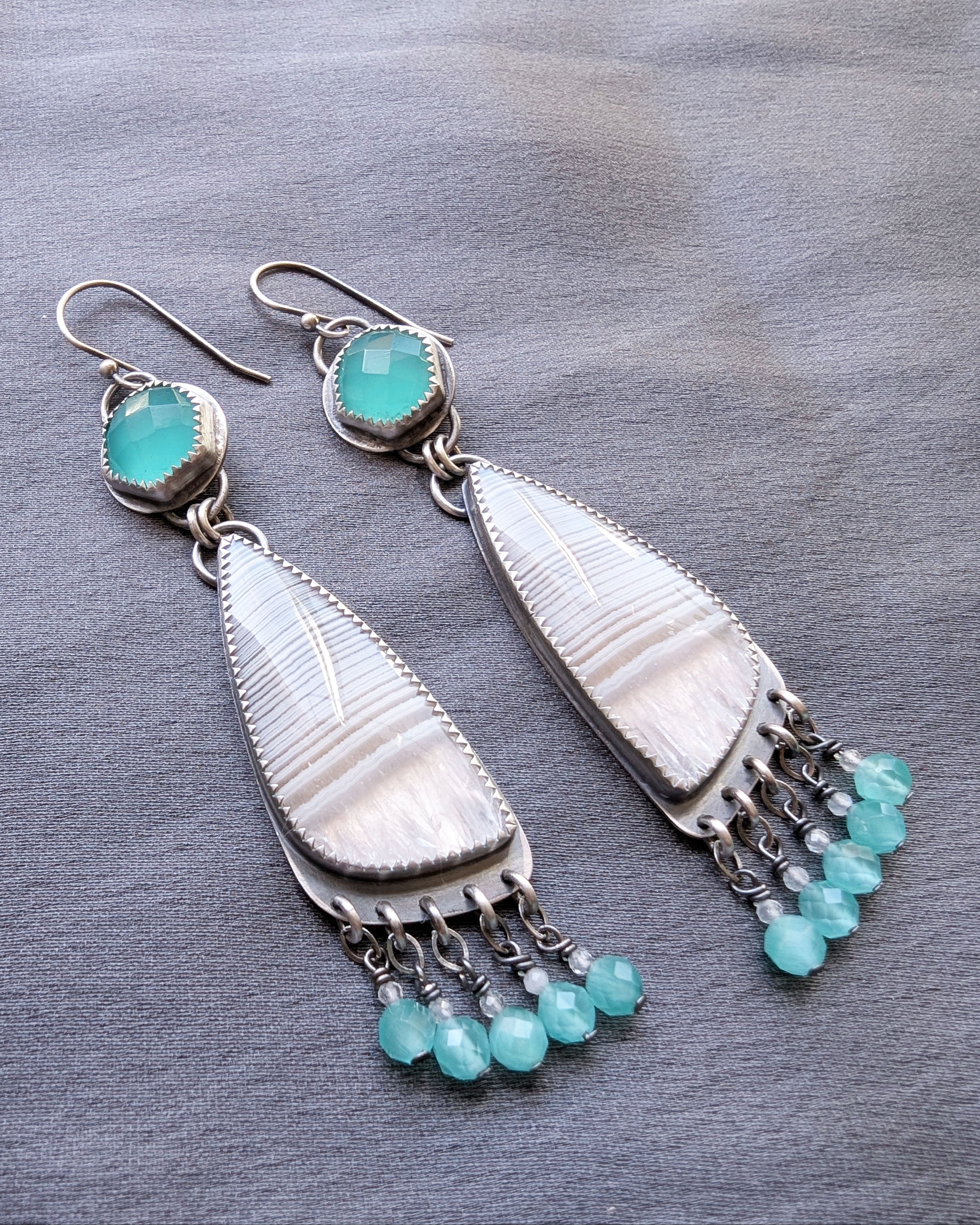 artisan earrings with amazonite bead fringe and soft green-blue tones