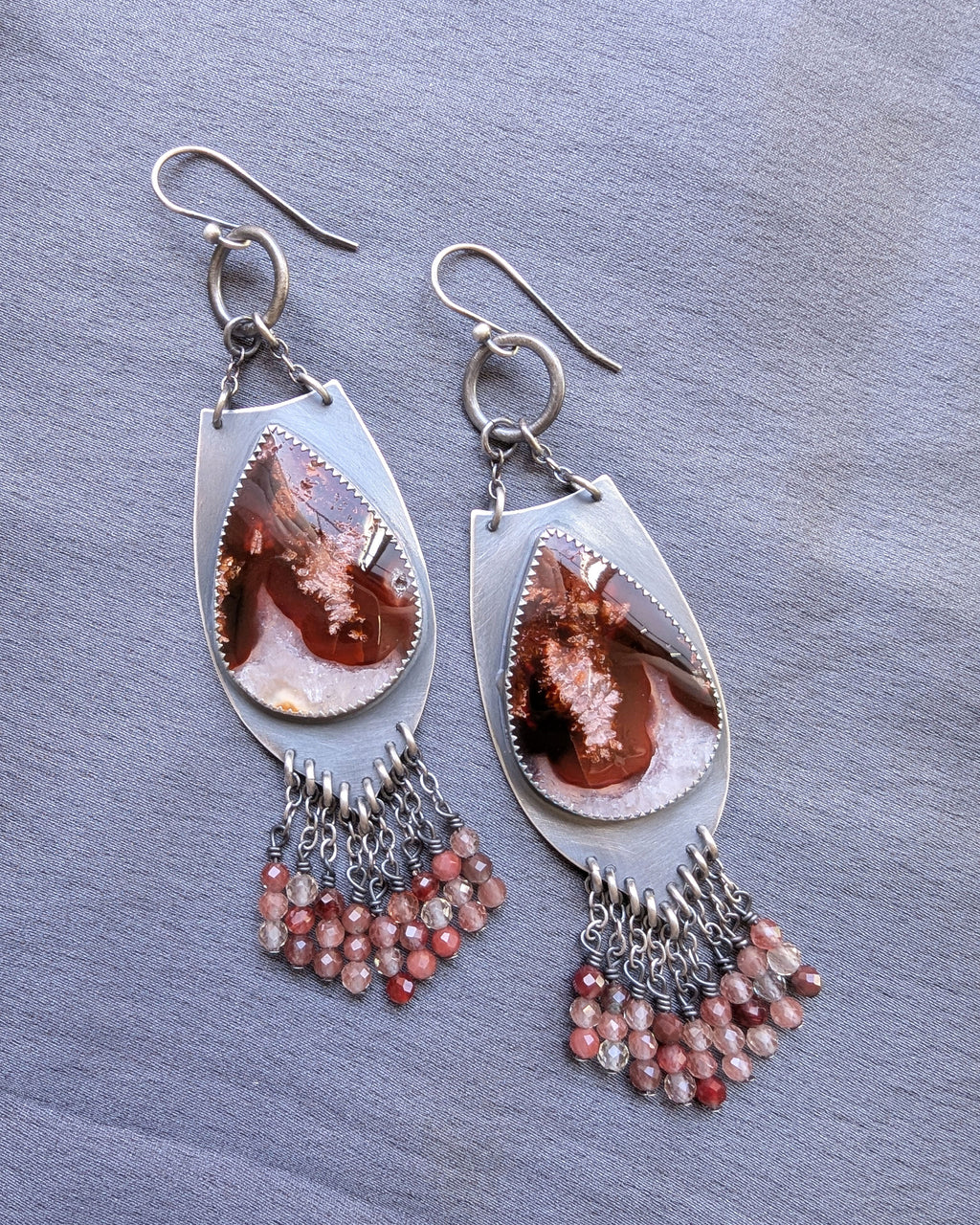 handcrafted oxidized silver earrings with strawberry quartz beads