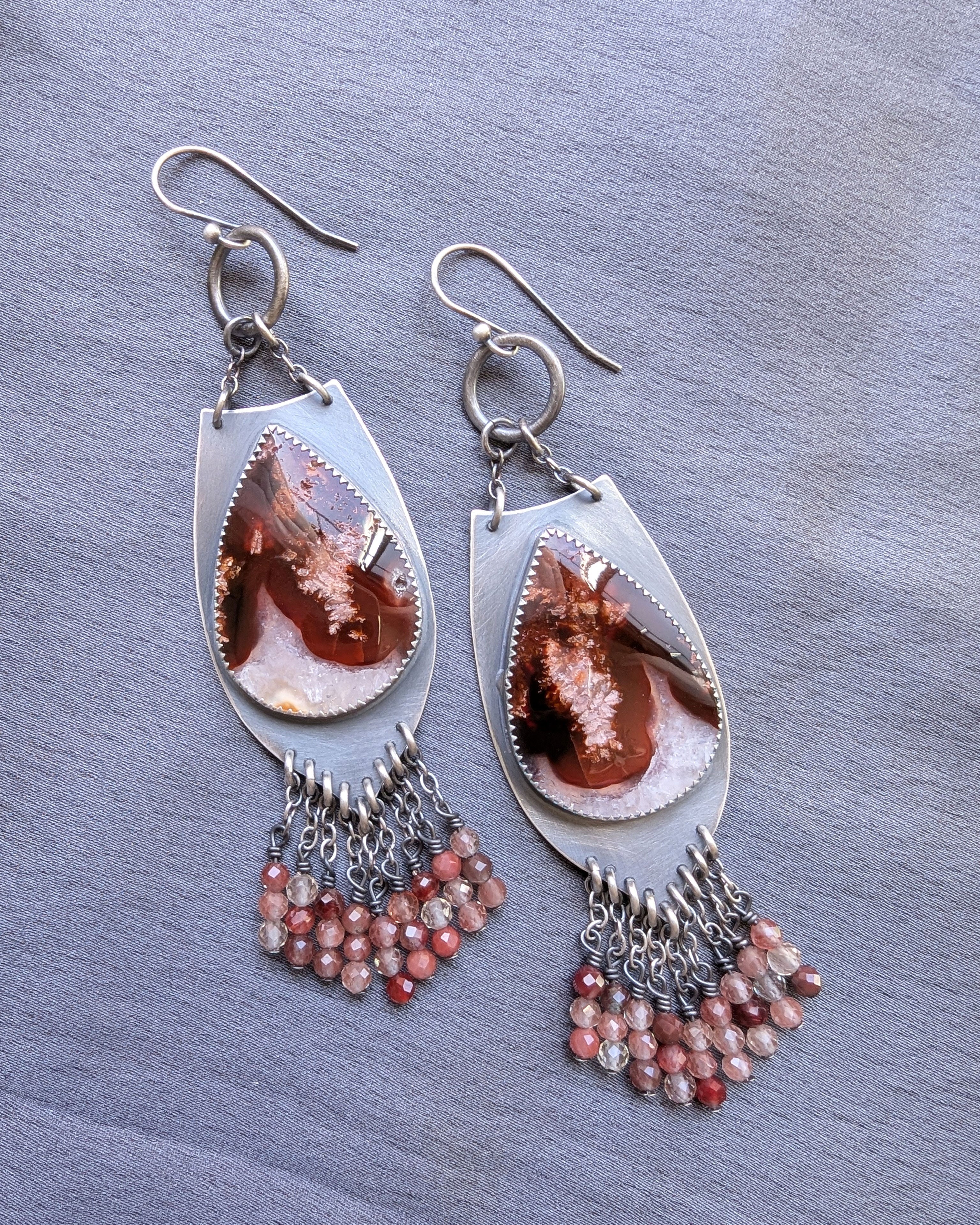 handcrafted oxidized silver earrings with strawberry quartz beads
