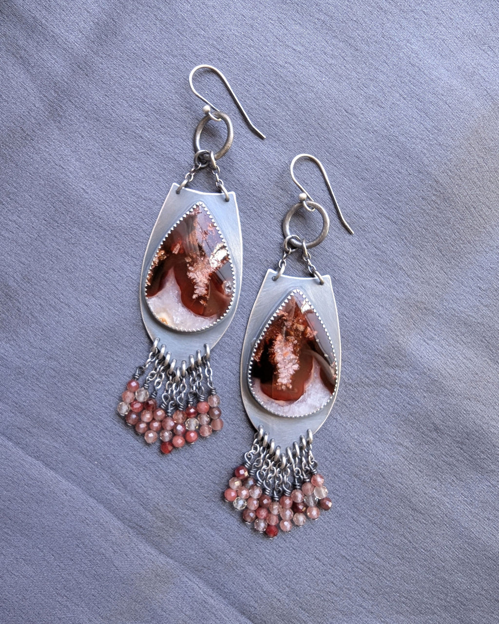 red and pink gemstone chandelier earrings with ruffled bead fringe
