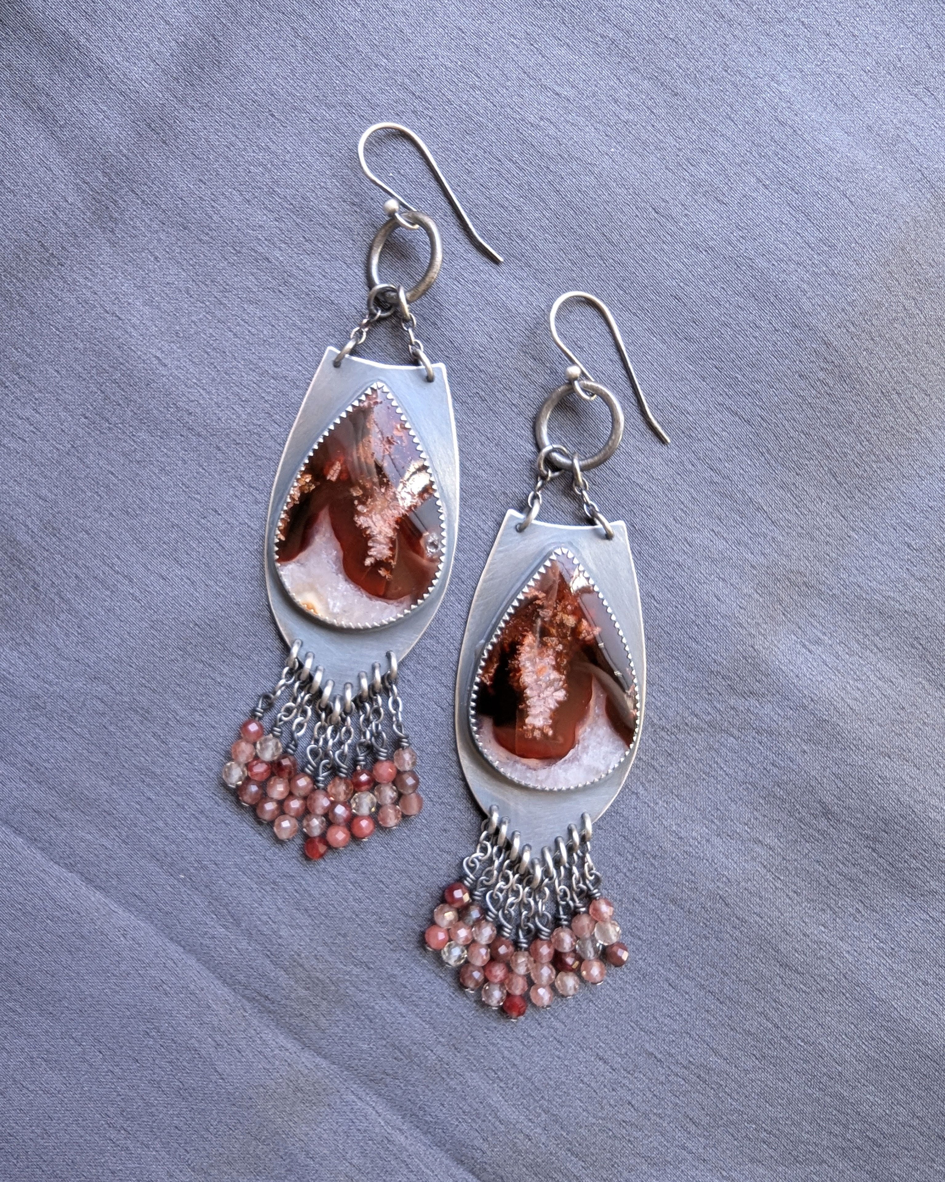 red and pink gemstone chandelier earrings with ruffled bead fringe
