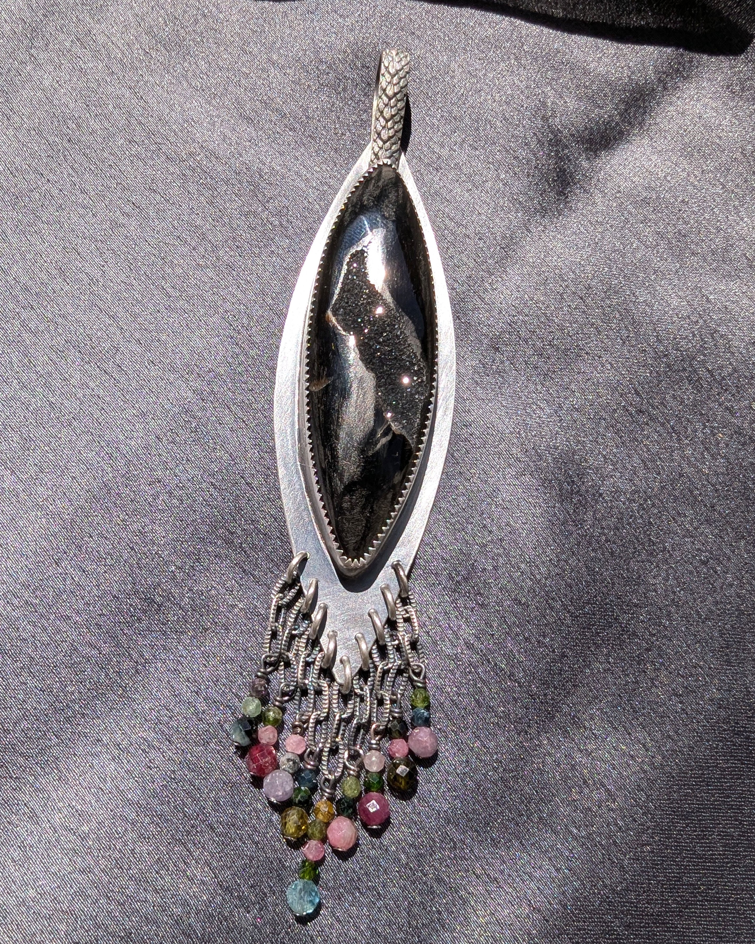 long marquis silver pendant with sparkling druzy stone