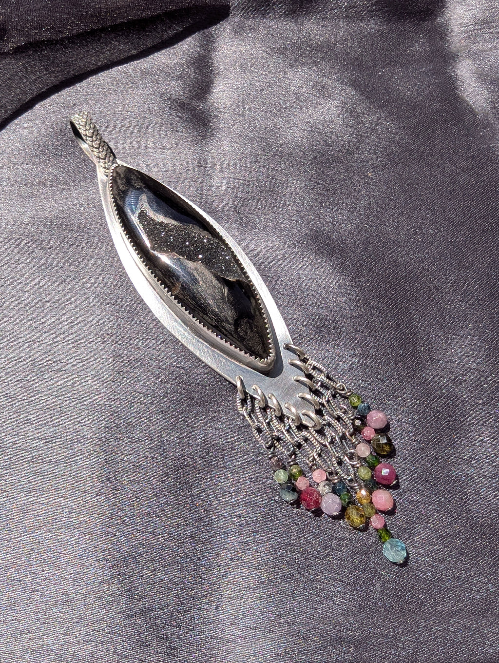 handcrafted oxidized silver pendant with tourmaline accents